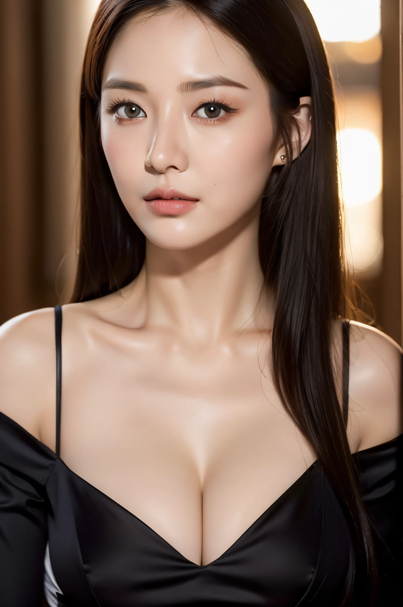 ((Best Quality, 8K, Masterpiece: 1.3)), Sharp Focus: 1.2, (super Beautiful face: 1.6), (Slender Abs Beauty), Realistic Photography, Black Hair, Realistic Pupils, Movie Lighting, Highly Detailed Eyes and Face, Movie Lighting, Medium Cleavage, (cowboy shot: 1.3), off-shoulder blouse