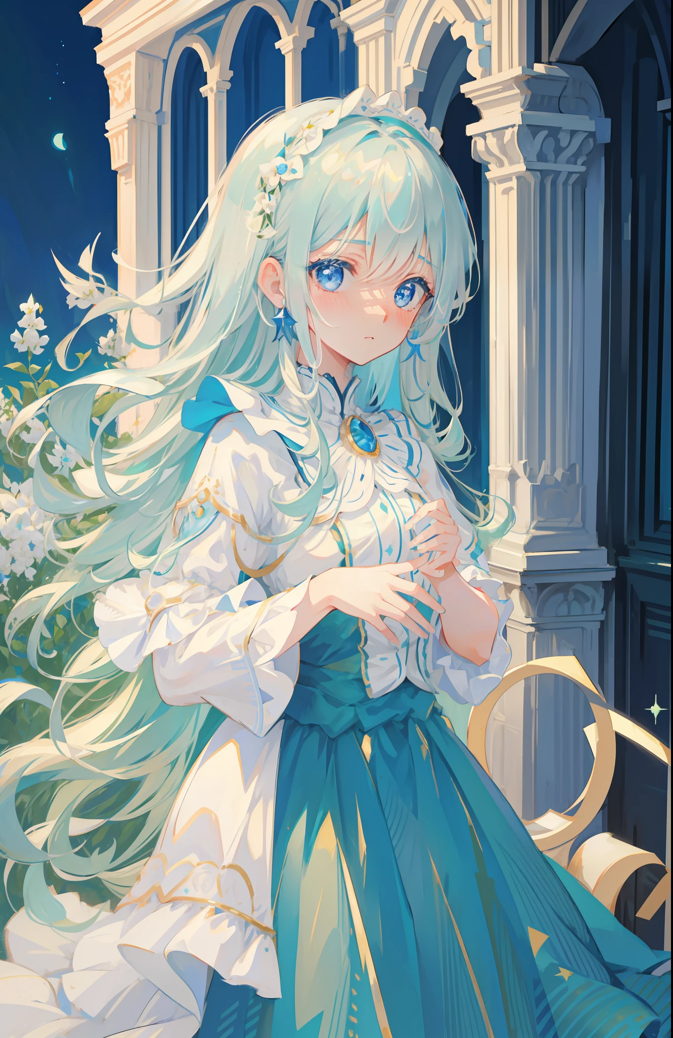 Woman with white hair, blue eyes, blushing, royalty, nobility, princess, green dress, garden, starry sky, blushing, surprised, high quality, highly detailed, detailed face