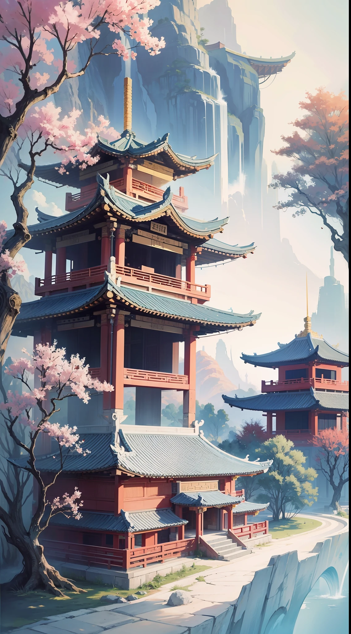 Chinese landscape, ancient Chinese architecture, pavilions, carved beams and columns, beautiful landscapes, beautiful landscapes, ink painting style, clean colors, white space, freehand, masterpiece, super detailed, epic composition, high quality, highest quality, 4k --v 6