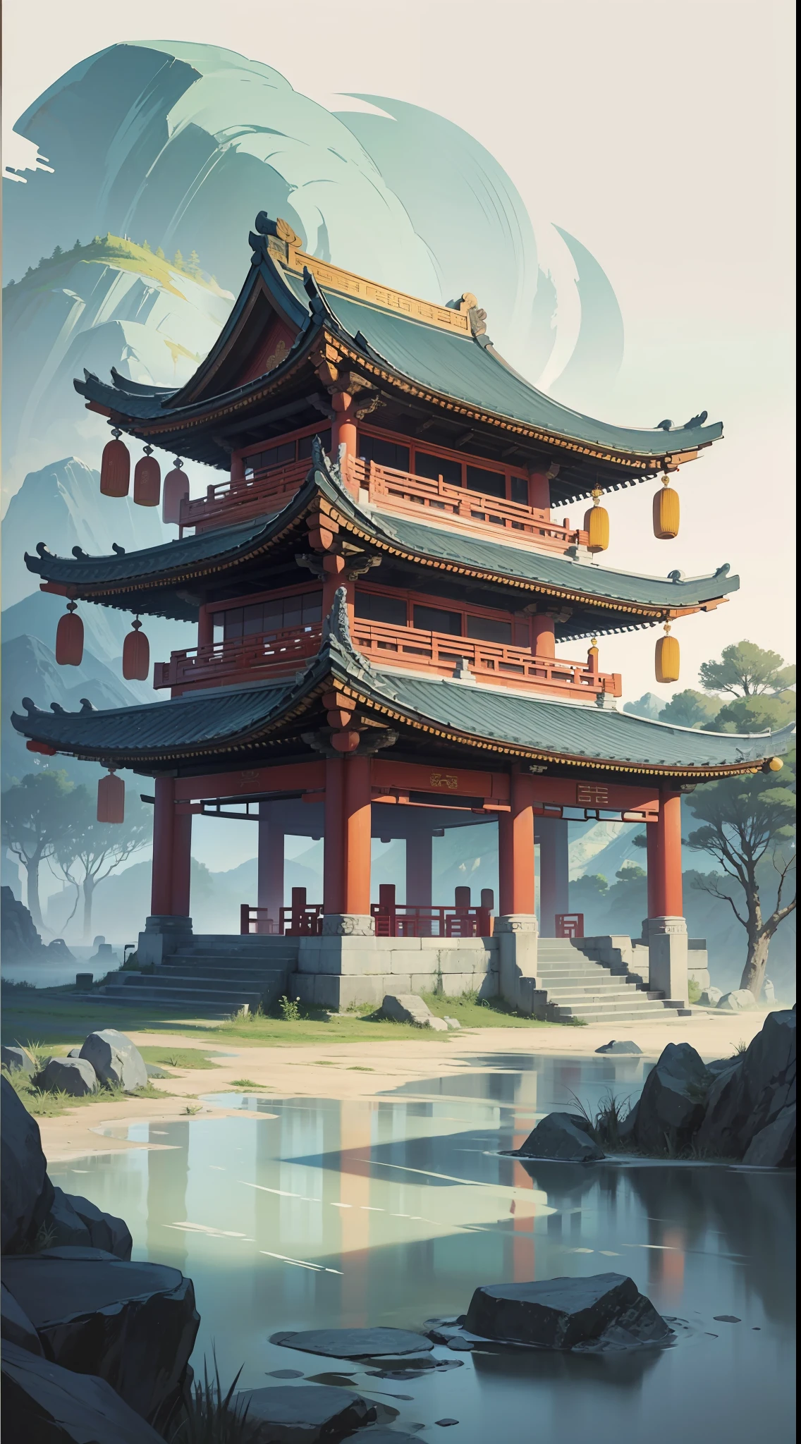 Chinese landscape, ancient Chinese architecture, pavilions, carved beams and columns, beautiful landscapes, beautiful landscapes, ink painting style, clean colors, white space, freehand, masterpiece, super detailed, epic composition, high quality, highest quality, 4k --v 6