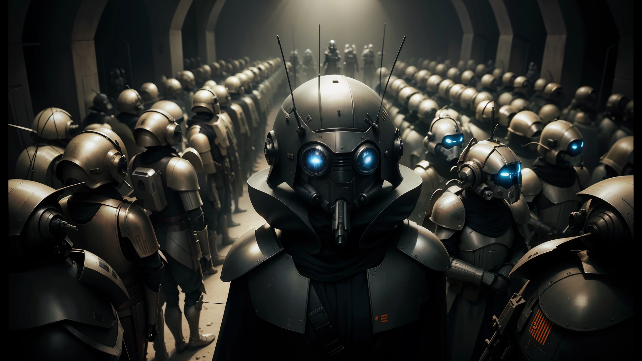 arafed image of a group of soldiers in armor, in a star wars sequel, steampunk insect, standing microphones, detention centre, sepals forming helmet, from the tusk movie, dark grey robes, shy beetles, by Carl Eugen Keel, federation clothing, anthropomorphic, fly --auto --s2