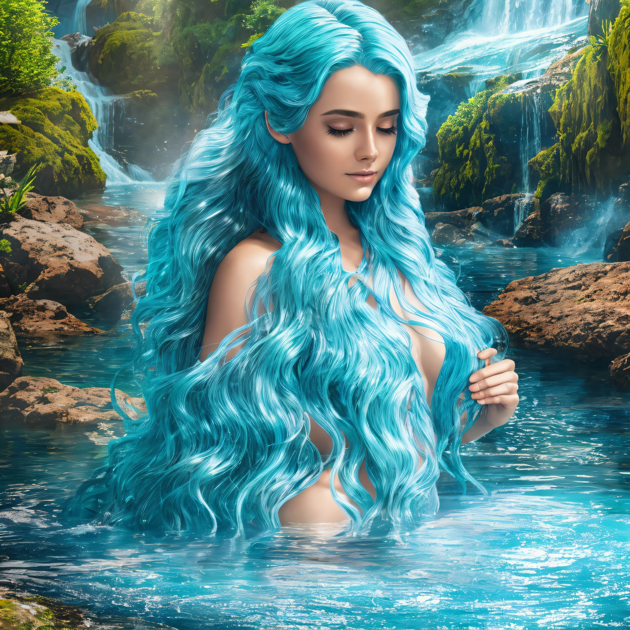 She is a beautiful water spirit, the spirit hair is flowing and transparent blue, it looks like a waterfall, the eye color is aquamarine, reflecting the depth of the sea. It is surrounded by a gentle mist and has a fantastic and enchanting appearance. Water Spirit's skin is glowing and glowing with a soft blue hue, Water Spirit gentle and seductive, photorealistic, masterpiece, highest quality, super detailed, HDR, 8K