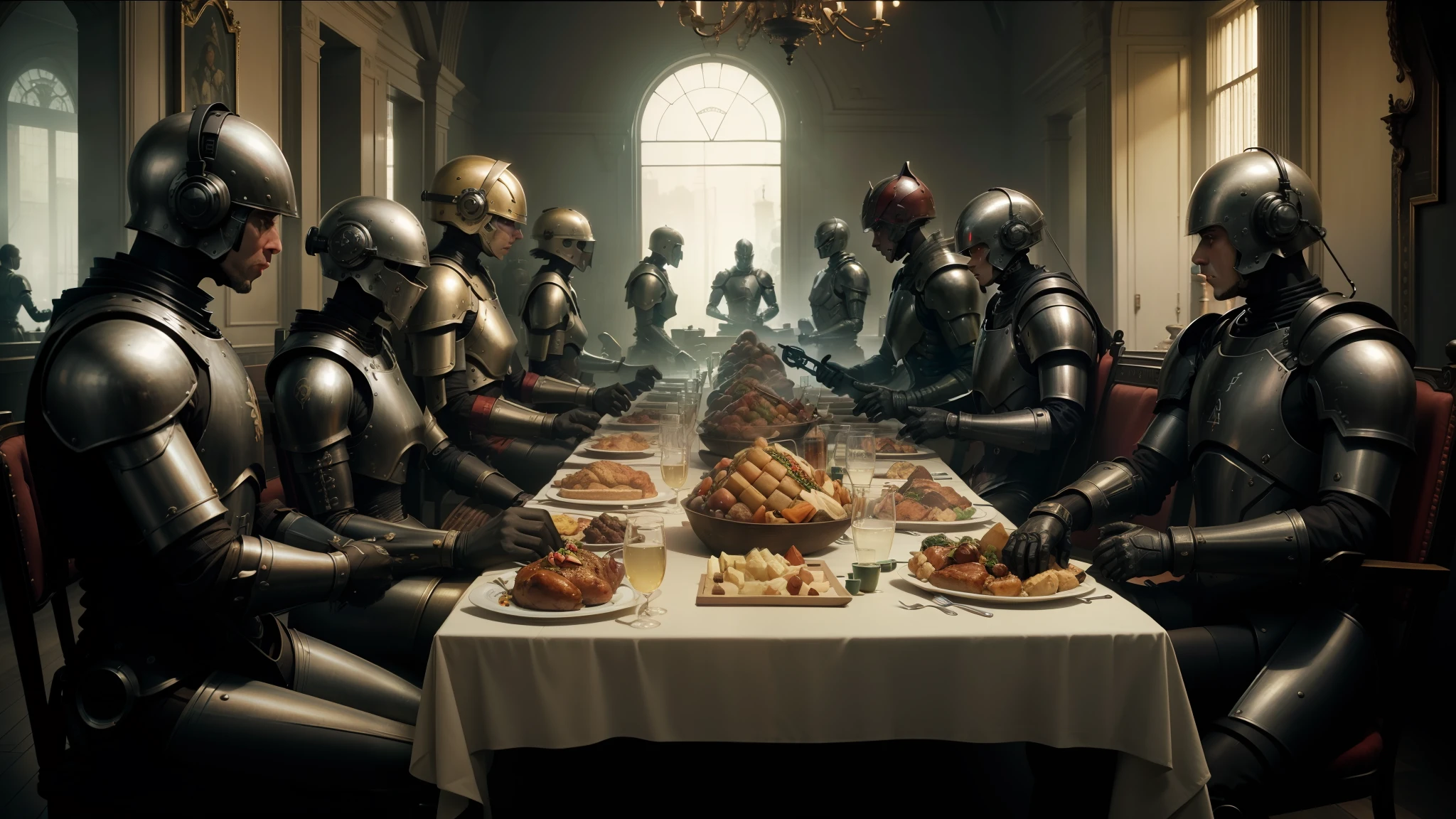 arafed image of a group of people in armor sitting at a table, still from the movie ex machina, steampank style, food advertisement, official screenshot, cell automata, anti-utopia, by Jacek Sempoliński, award-winning render, shoulders can be seen, freemasons, victorian thanksgiving feast, no two rooms are identical. 4k --auto --s2