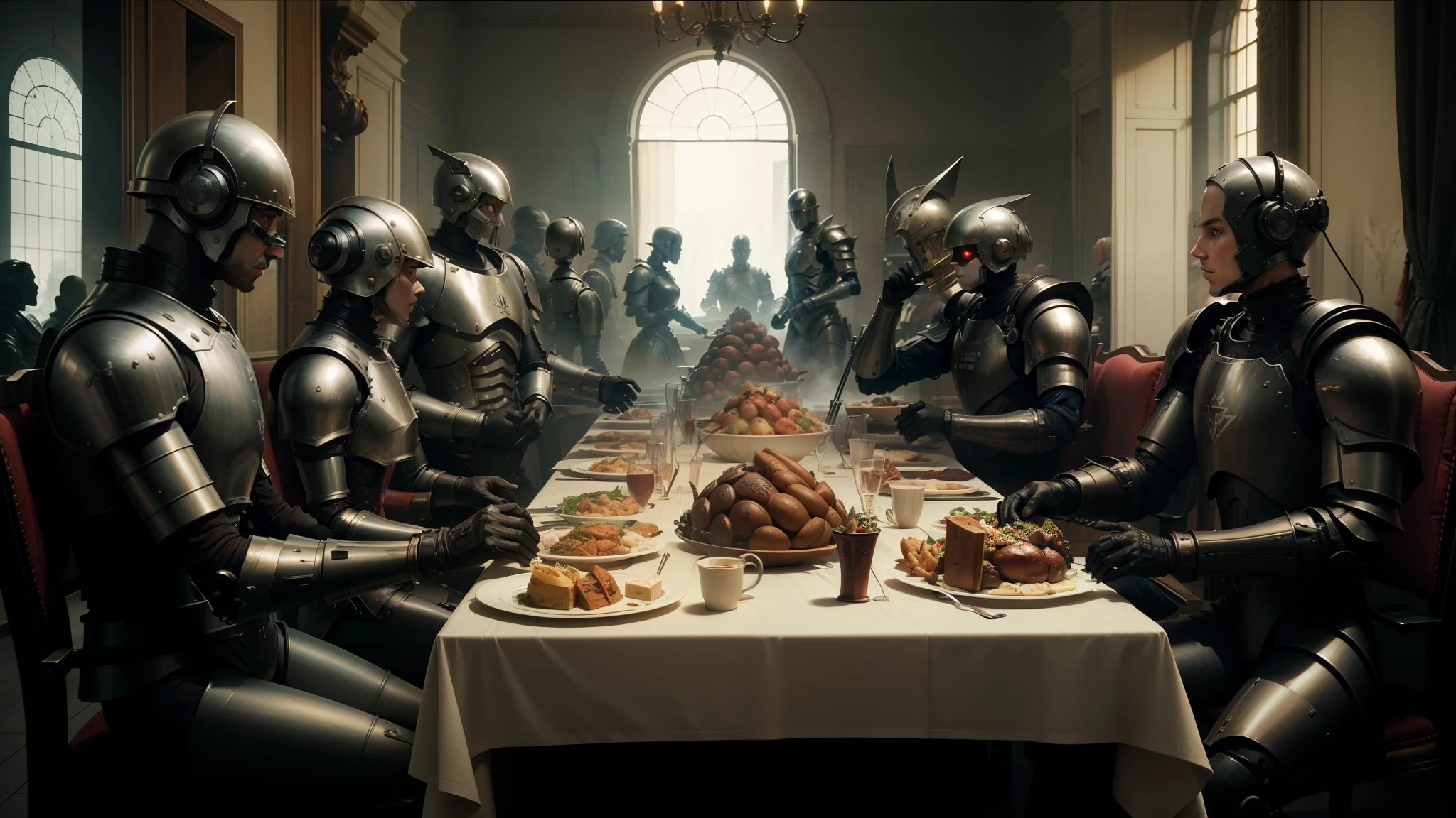 arafed image of a group of people in armor sitting at a table, still from the movie ex machina, steampank style, food advertisement, official screenshot, cell automata, anti-utopia, by Jacek Sempoliński, award-winning render, shoulders can be seen, freemasons, victorian thanksgiving feast, no two rooms are identical. 4k --auto --s2