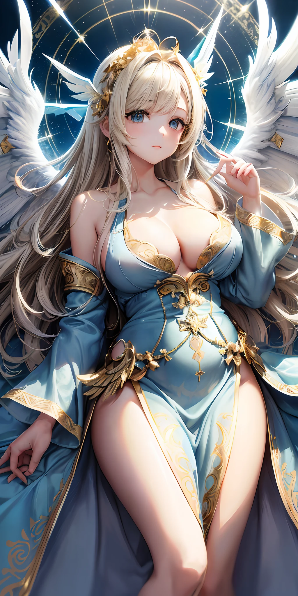 best quality, ((blue sky background)), goddess of light, gods, (big wings of angels on the back), hairstyle long straight, hair to waist length, ((hair not tied)), (shiny blonde), eye color is green green, rounded face, (((bright expression)), large breasts: 0.85, chubby: 0.90, (((white fantasy robe)), gold decorations are on clothes,