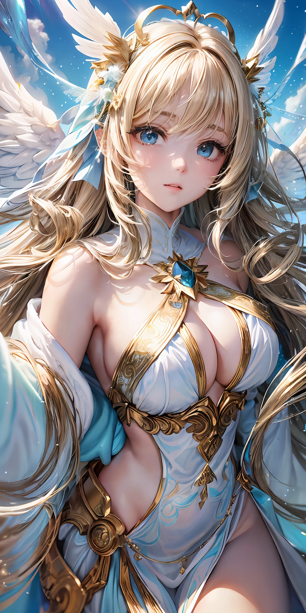 best quality, ((blue sky background)), goddess of light, gods, (big wings of angels on the back), hairstyle long straight, hair to waist length, ((hair not tied)), (shiny blonde), eye color is green green, rounded face, (((bright expression)), large breasts: 0.85, chubby: 0.90, (((white fantasy robe)), gold decorations are on clothes,