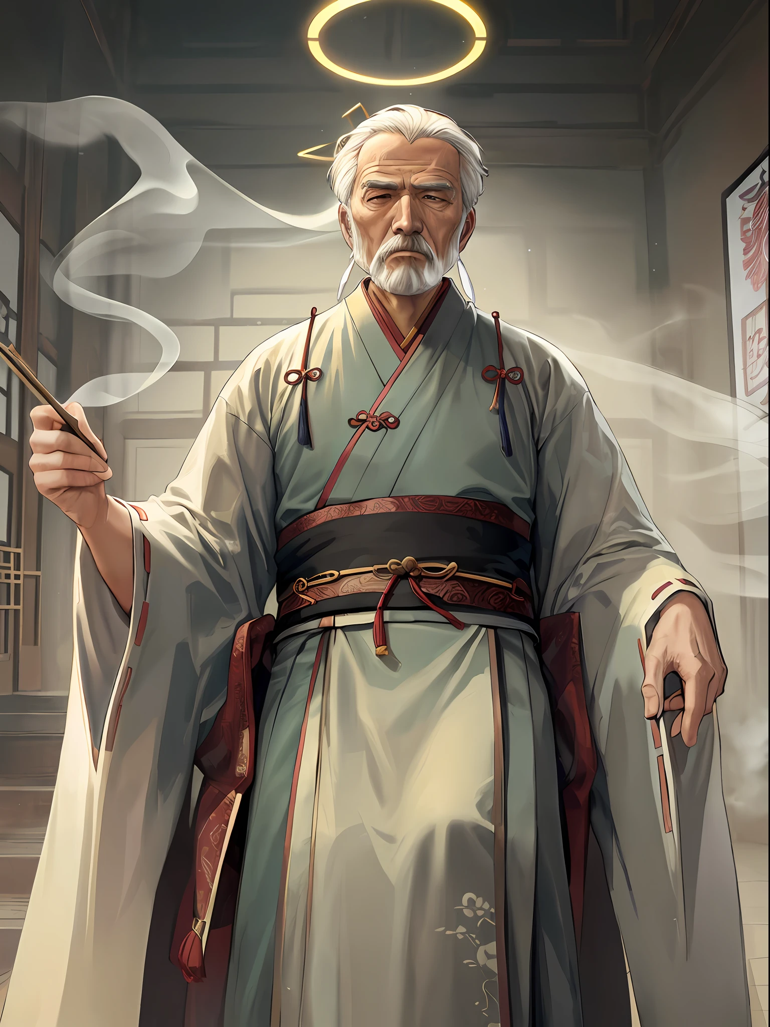 Masterpiece, best quality, super detailed, old man, hanfu, chinese clothes, halo, smoke