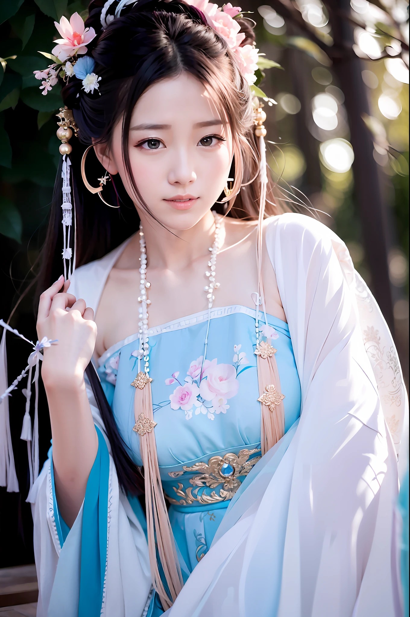ulzang-6500-v1.1, (original photo: 1.2), (photo realism: 1.4)) best quality, beautiful, beautiful, beautiful, beautiful, extremely detailed, unity, 8k beautiful wallpaper, beautiful details, masterpiece, quality BEST, OFFICIAL ART, VERY DETAILED, VERY RIDICULOUS, HIGH RESOLUTION, BEAUTIFUL, BEAUTIFUL EYES AND FACE DETAIL, CINEMA LIGHTING, 1 GIRL, PERSPECTIVE, LOOKING AT VIEWER, FULL BODY, FULL BODY, OUTDOORS, HANDS In the back, (Hanfu)