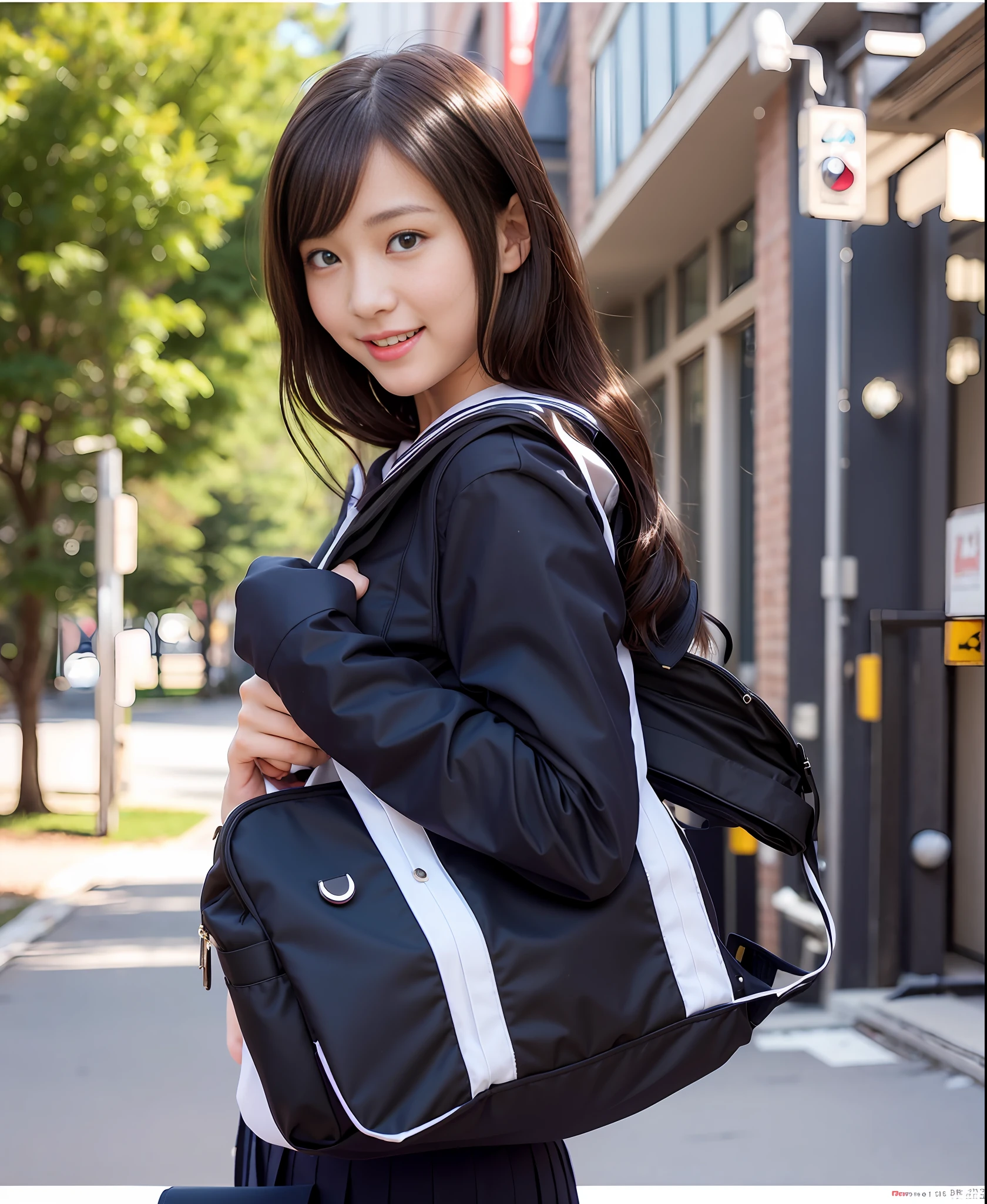 Have School bag,Smile at viewer, huge breast, big breast,Glamour,Japanese High School black uniform,sailor uniform black mini skirt,Glamour,big breasted, (best quality, masterpiece:1.2), A cute girl 14years old,sexy 8k Portrait, Bra, outdoor,princess eyes,white skin,beautiful the most