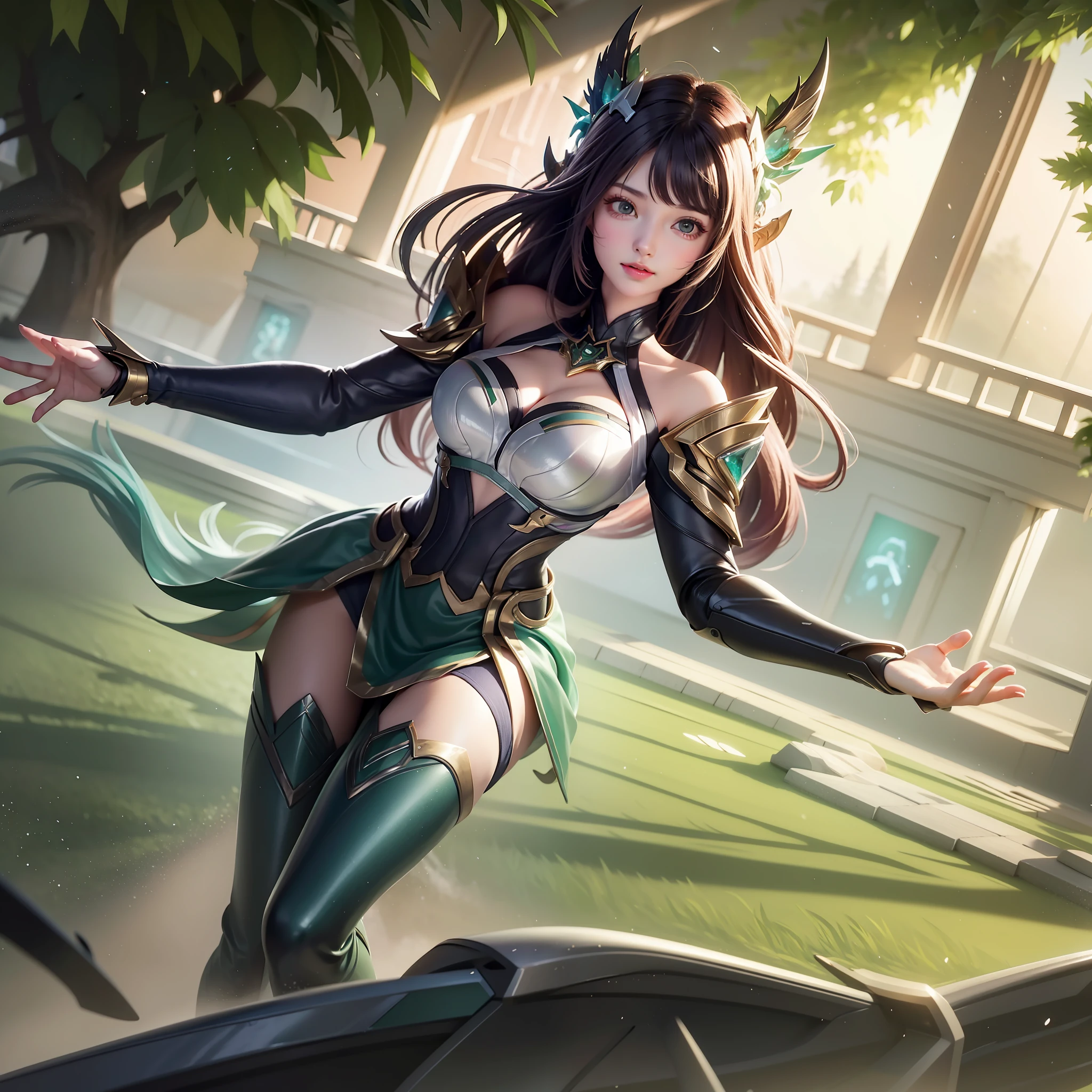 Highest image quality, outstanding details, ultra-high resolution, (realism: 1.4), the best illustration, favor details, highly condensed 1girl, with a delicate and beautiful face, dressed in a black and green mecha, wearing a mecha helmet, holding a directional controller, riding on a motorcycle, the background is a high-tech lighting scene of the future city.