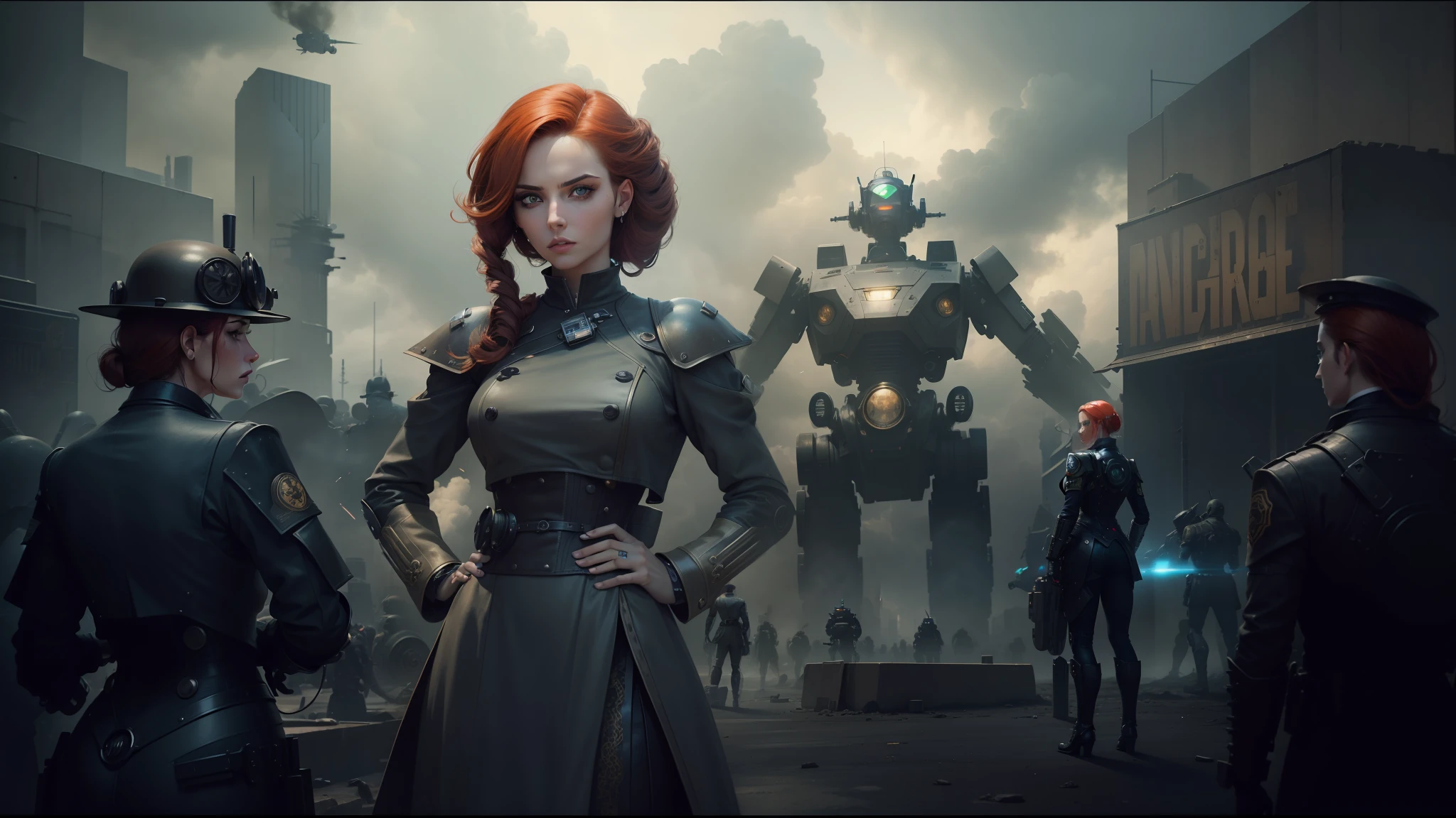 there is a woman standing in front of a group of robots, steampunk male portrait, compositing, beautiful android woman, stormy and grand war scene, inspired by Richard Avedon, a black dieselpunk policewoman, redhead woman, girl in suit, intricate fashion clothing, beautiful female soldier --auto --s2