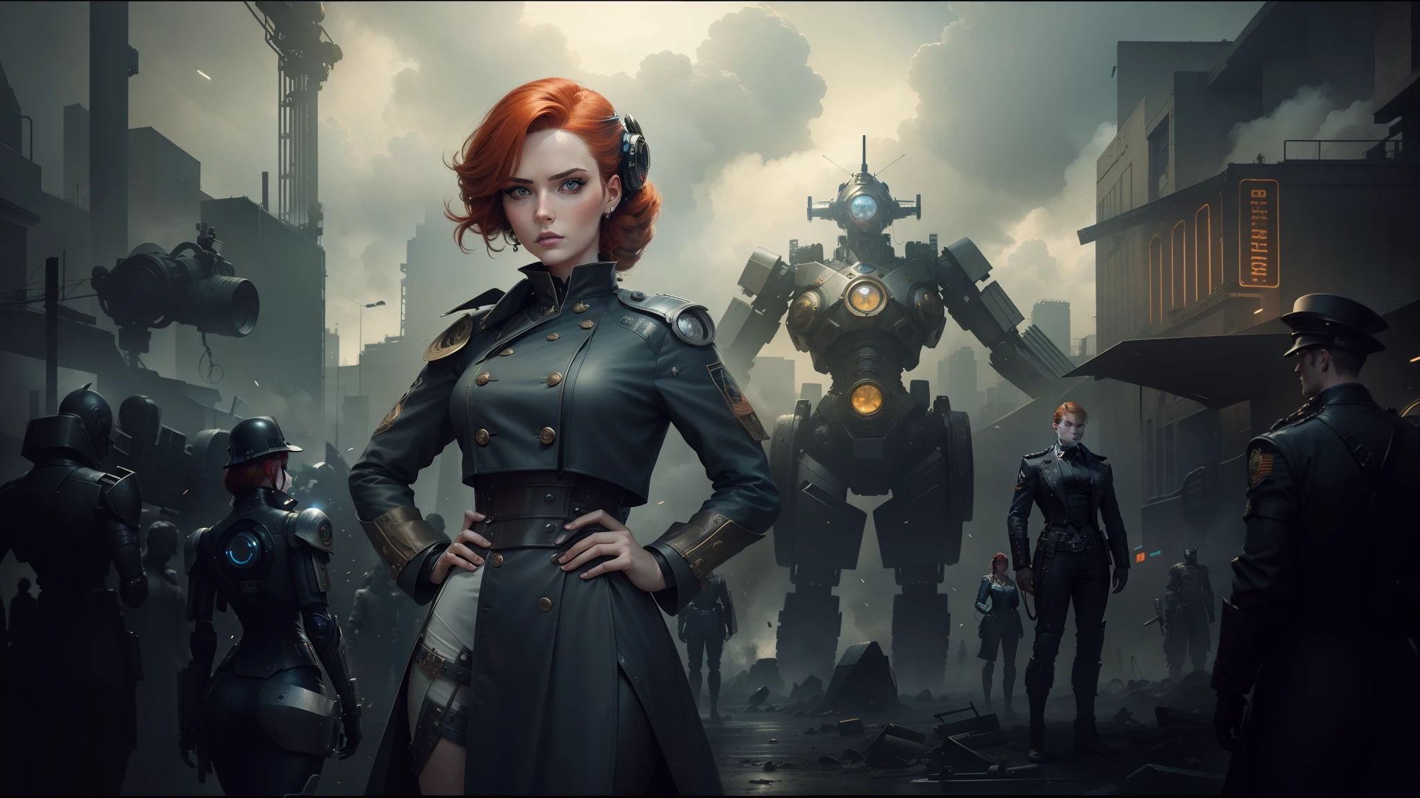there is a woman standing in front of a group of robots, steampunk male portrait, compositing, beautiful android woman, stormy and grand war scene, inspired by Richard Avedon, a black dieselpunk policewoman, redhead woman, girl in suit, intricate fashion clothing, beautiful female soldier --auto --s2