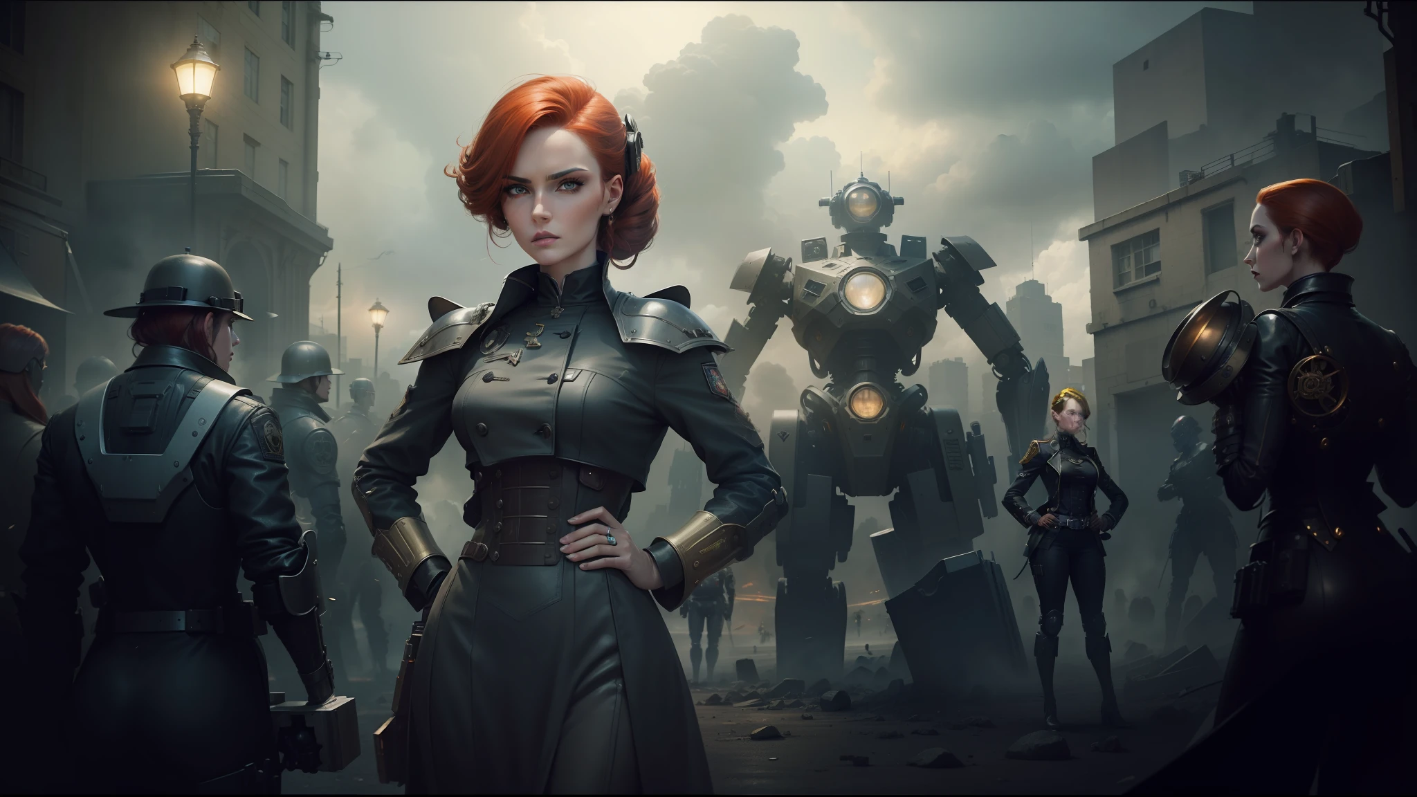 there is a woman standing in front of a group of robots, steampunk male portrait, compositing, beautiful android woman, stormy and grand war scene, inspired by Richard Avedon, a black dieselpunk policewoman, redhead woman, girl in suit, intricate fashion clothing, beautiful female soldier --auto --s2