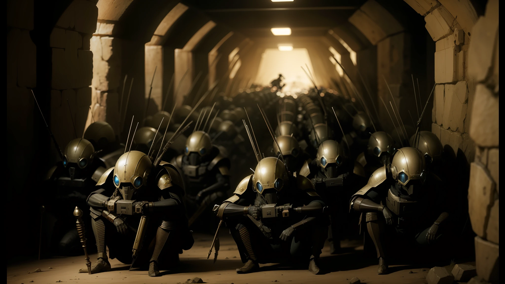 arafed group of soldiers in a tunnel with helmets and spears, steampunk insect, still frame from prometheus, by Werner Tübke, anthropomorphic machine, crouching humanoid, inspired by Małgorzata Serwatka, rows of razor sharp teeth, miniature tachikoma, puṣkaracūḍa --auto --s2