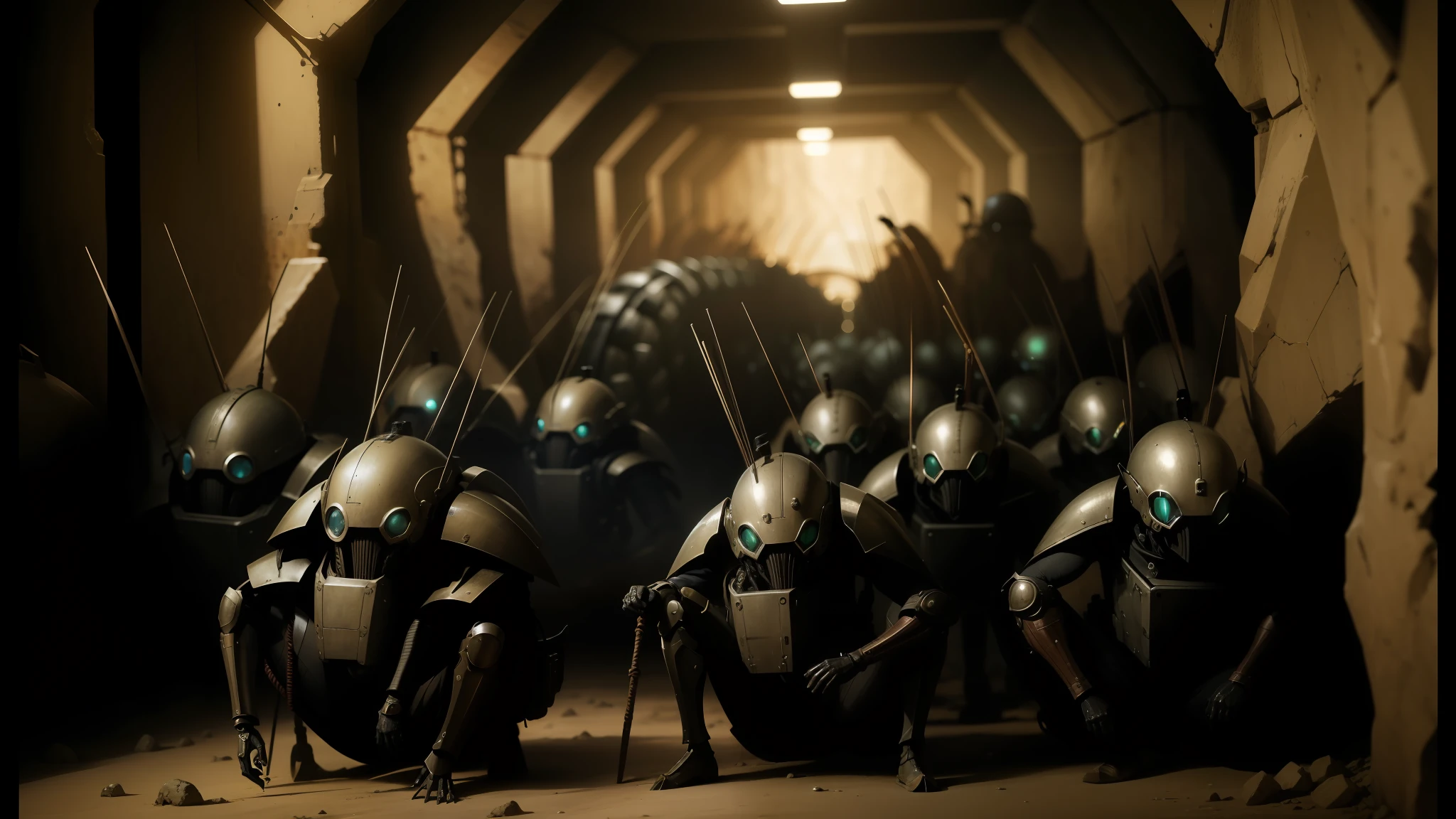 arafed group of soldiers in a tunnel with helmets and spears, steampunk insect, still frame from prometheus, by Werner Tübke, anthropomorphic machine, crouching humanoid, inspired by Małgorzata Serwatka, rows of razor sharp teeth, miniature tachikoma, puṣkaracūḍa --auto --s2