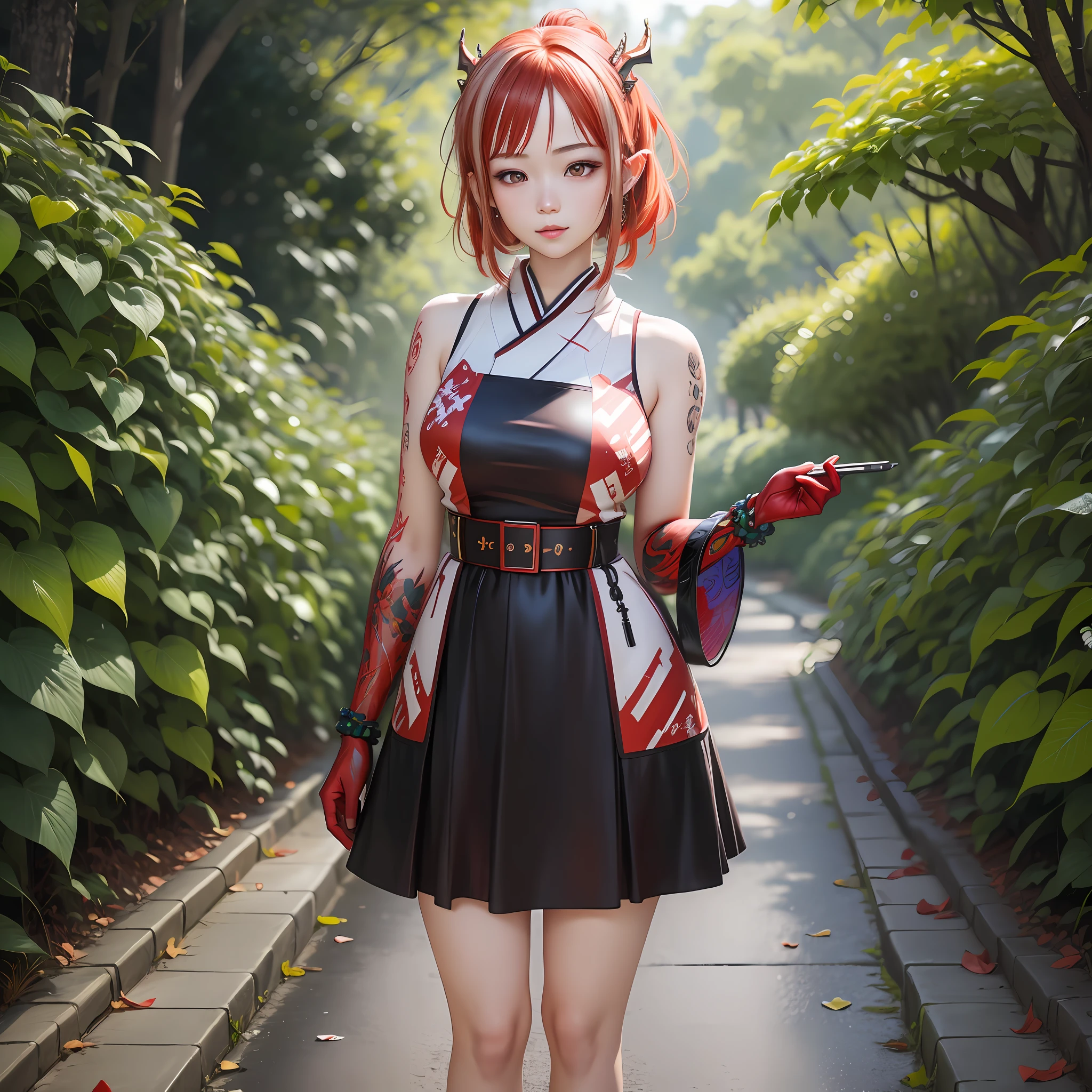 beautiful young japanese girl, short red hair, beautiful face, 20 years old, best quality full body image, short black dress, red high hells, detailed, 8k, realistic