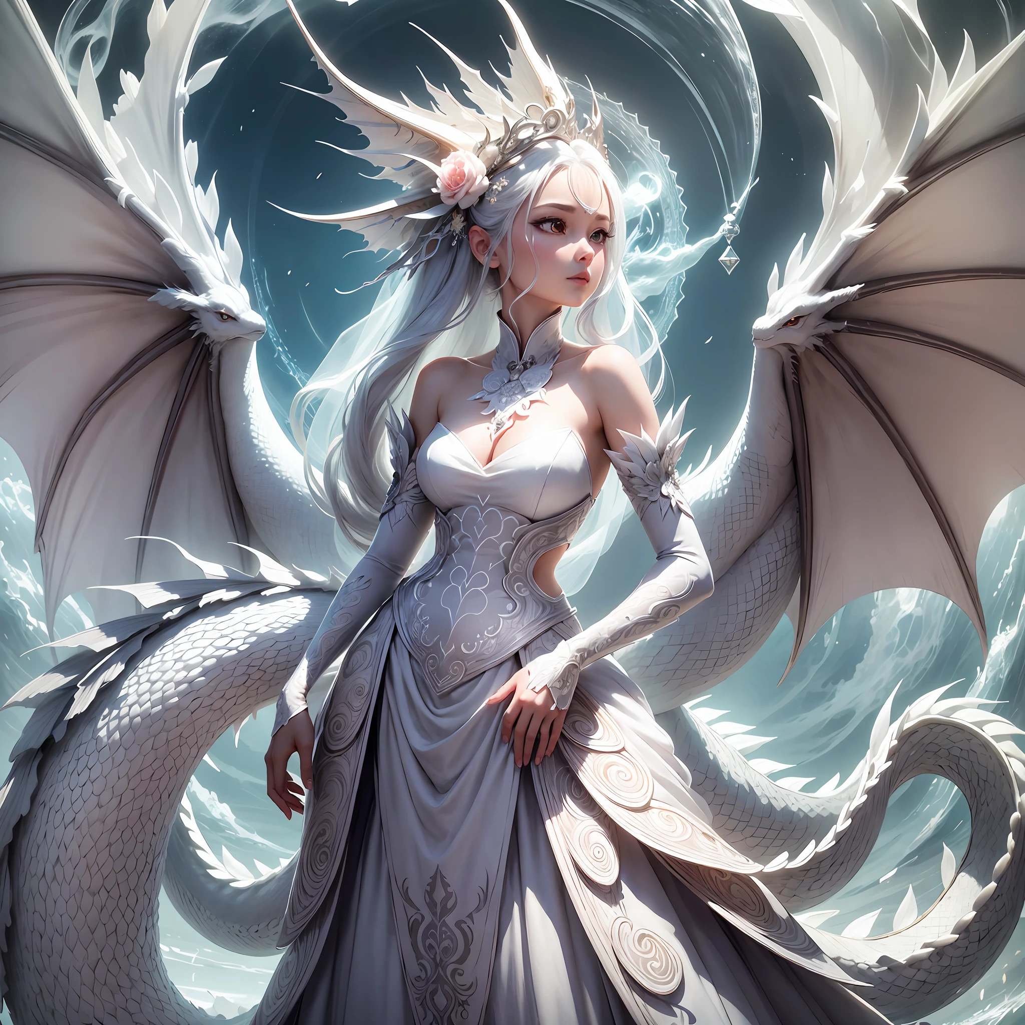 A cute wedding dress in the style of a living wave, a stunning Asian beauty white dragon. A long tail. handkerchief, tiny, standing, charming big eyes, cute tail, standing, surreal, ultra-detailed, dreamy, luxurious, elegant, sophisticated, gorgeous, unreal engine, 8 K, hd --auto --s2