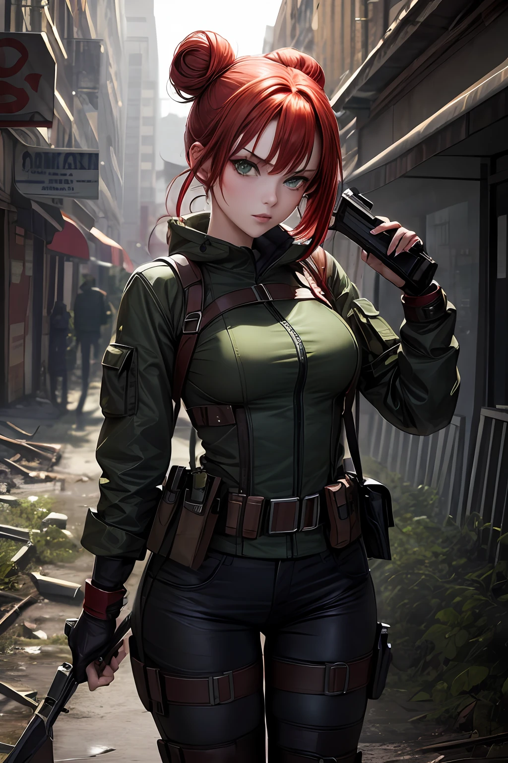 Masterpiece, best quality, sexy beautiful  woman, red hair with a bun, green beautiful eyes, in a stalker costume, looking for supplies in a dead and abandoned city