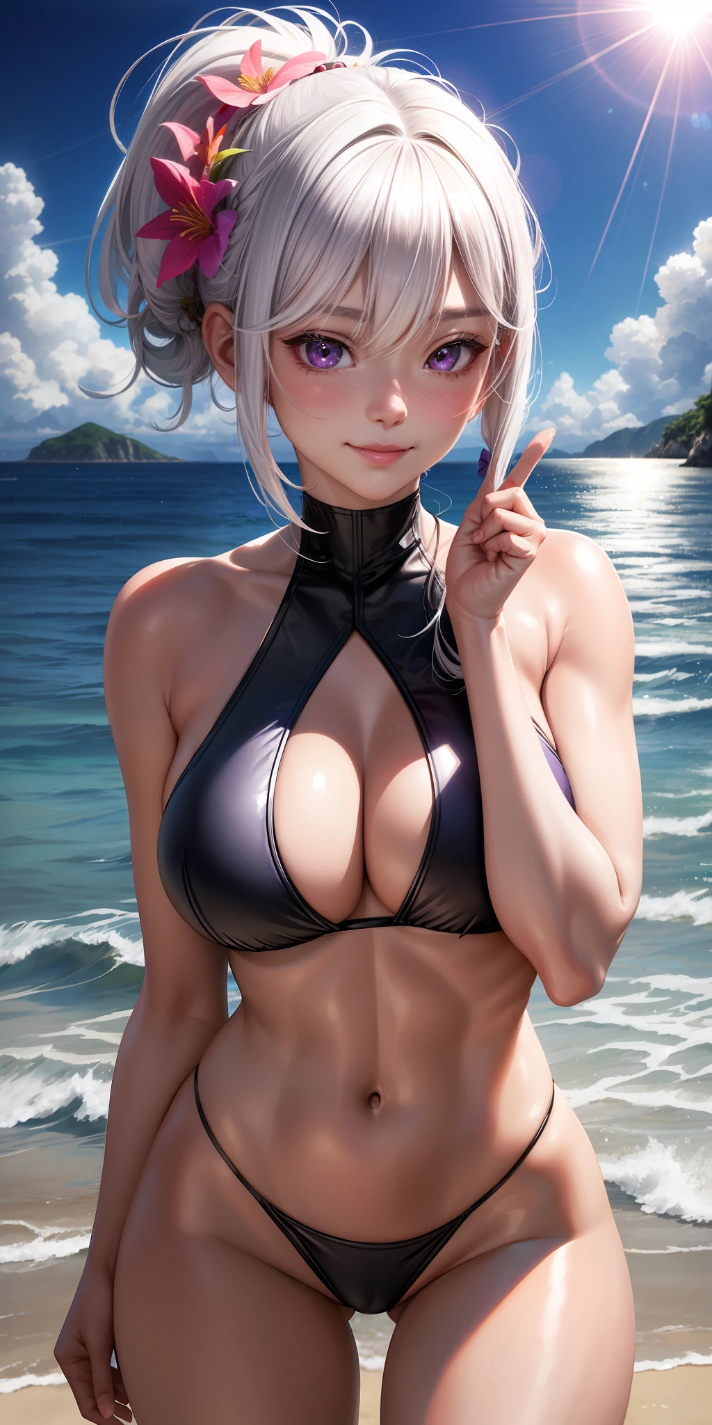 (Realistic:1.2), 1girl, white hair, ponytail, purple eyes, makeup, korean girl, cleft lip, blush, [abs:0.3], [collarbone:0.8], big breasts, light smile, peace sign, v, beach, sand, ocean, waves, sun, sunlight, reflection in water, shiny skin, hair accessories, hair flowers, revealing clothing