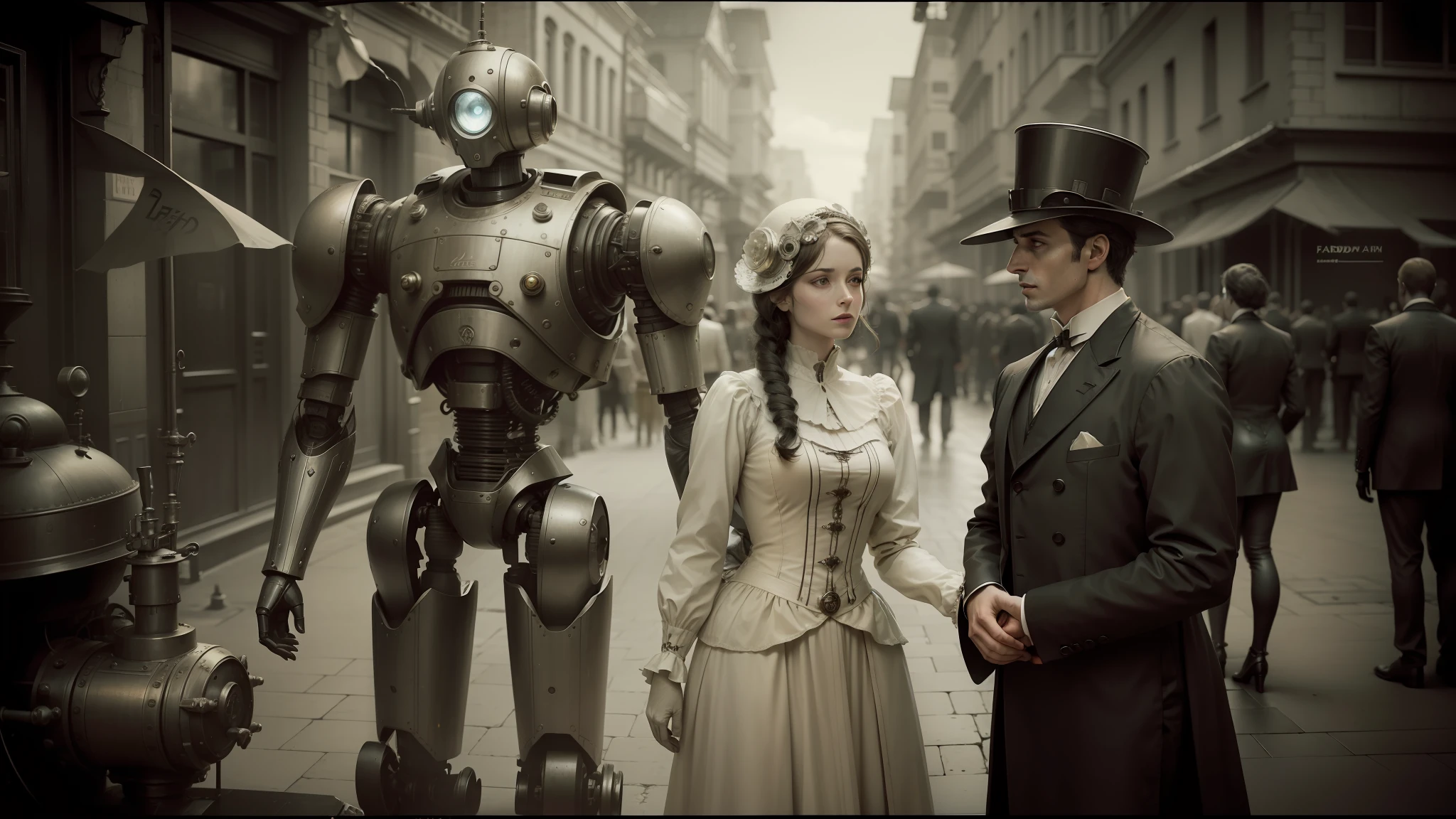 arafed robot standing next to a woman in a dress, steam-punk, elegant photorealistic cinematic, desaturated color, posing in disguise among humans, inspired by David Roberts, android heroine, russian costume, 2 0 1 4. modern attire, color restoration, mashup --auto --s2