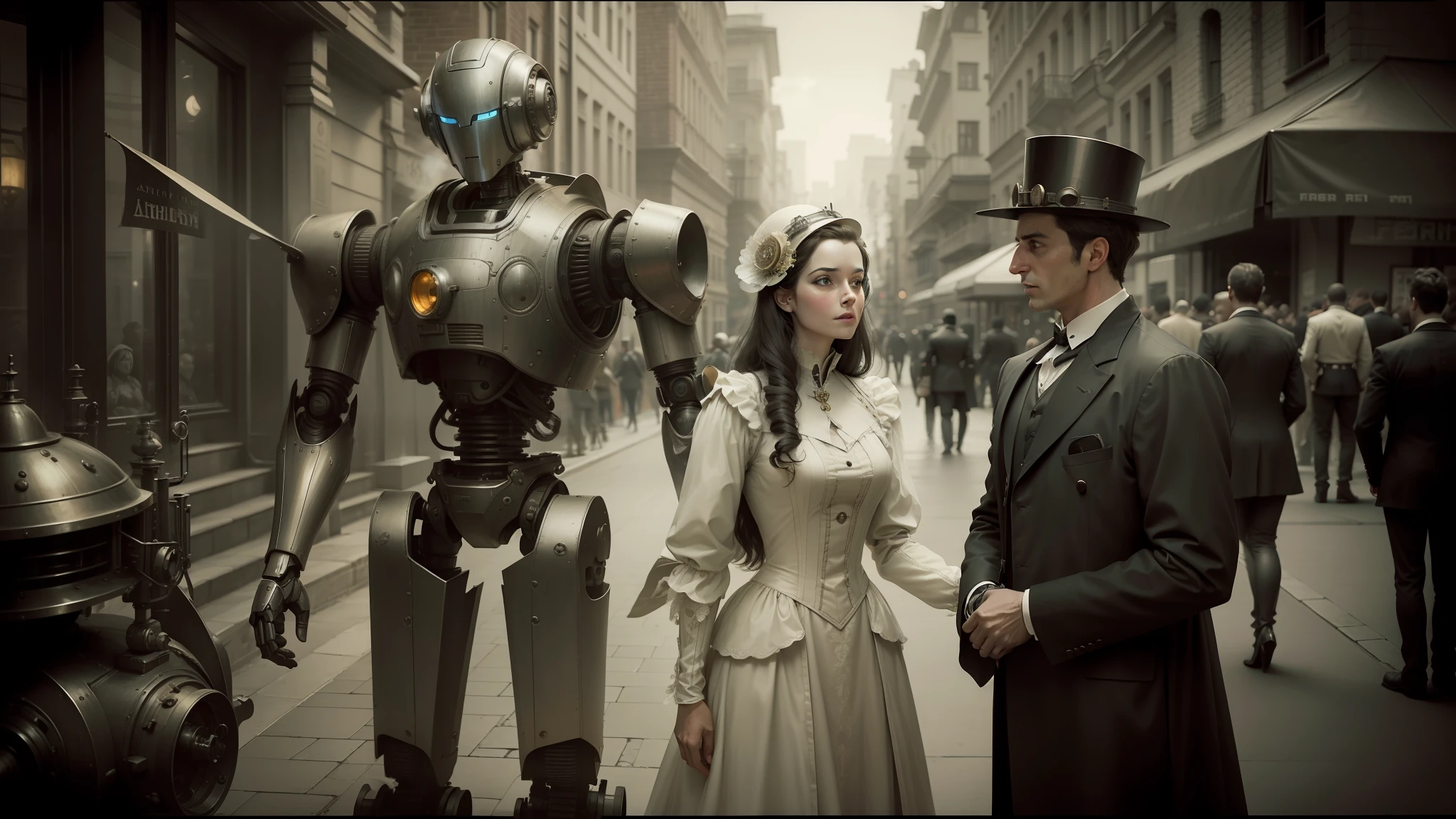 arafed robot standing next to a woman in a dress, steam-punk, elegant photorealistic cinematic, desaturated color, posing in disguise among humans, inspired by David Roberts, android heroine, russian costume, 2 0 1 4. modern attire, color restoration, mashup --auto --s2