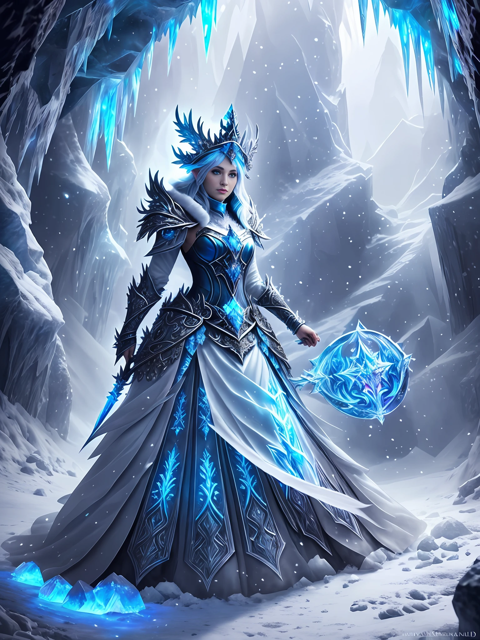 ((ornate full Frostshard Armor)), modelshoot style, full body, award winning digital art of a beautiful sorceress conjuring ice, in a ice cave with glittering ice, detailed blue eyes, (elf ears), magical, d&d, masterpiece, dark fantasy, best quality, high contrast, soft lighting, backlighting, bloom, light sparkles, chromatic aberration, smooth, sharp focus, volumetric lighting, intricate clothes, ChromaV5, nvinkpunk,(extremely detailed CG unity 8k wallpaper), Chromatic Aberration, Detailed , HDR, Bloom ,trending on ArtStation, trending on CGSociety, art by midjourney