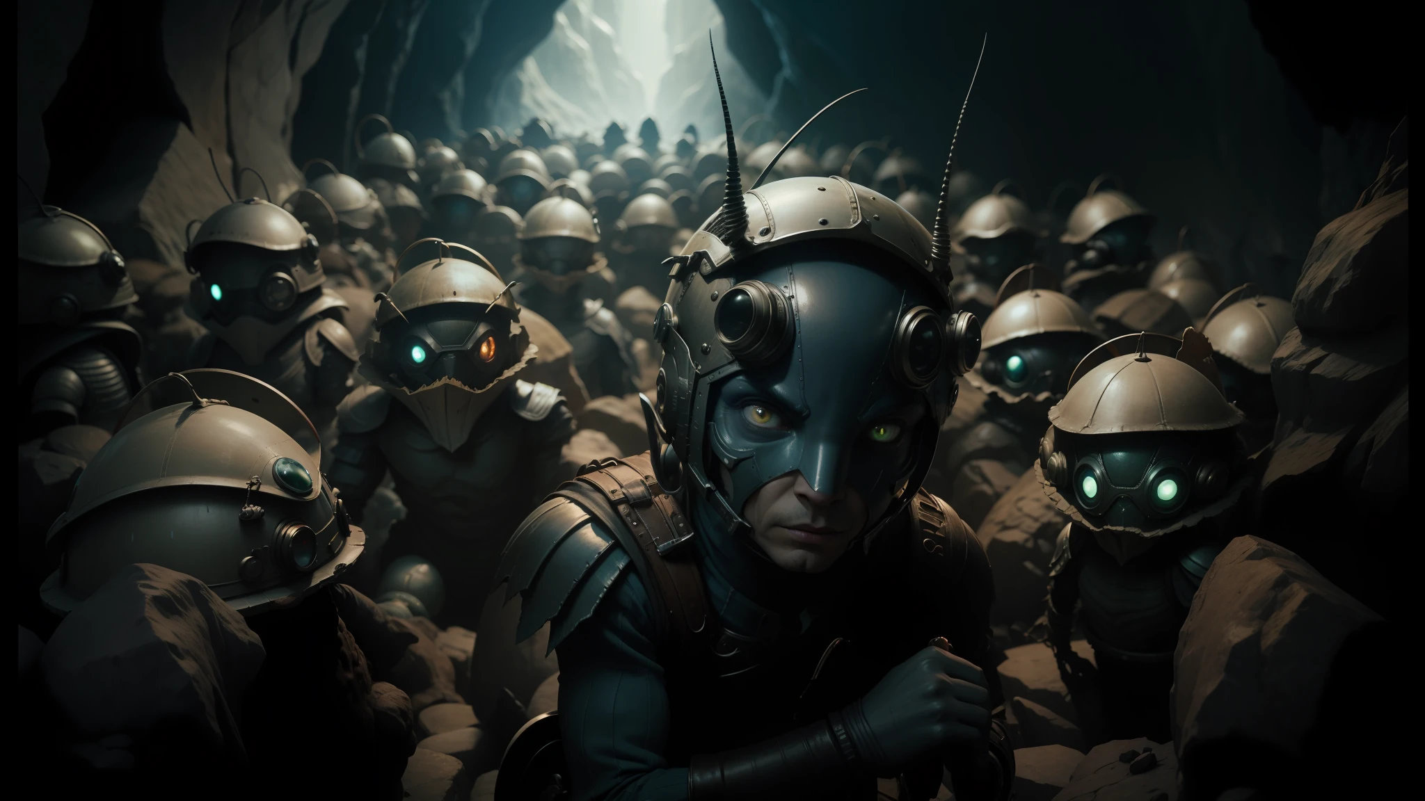 there are many alien men in a cave with helmets on, alice in wonderland 3 d, cockroach, a still of kowloon, character close-up, big intelligent eyes, jean paul gaultier, cute creatures, an overpopulated, audience, promotional images, gsociety, metabaron, moths, stephen gamell --auto --s2