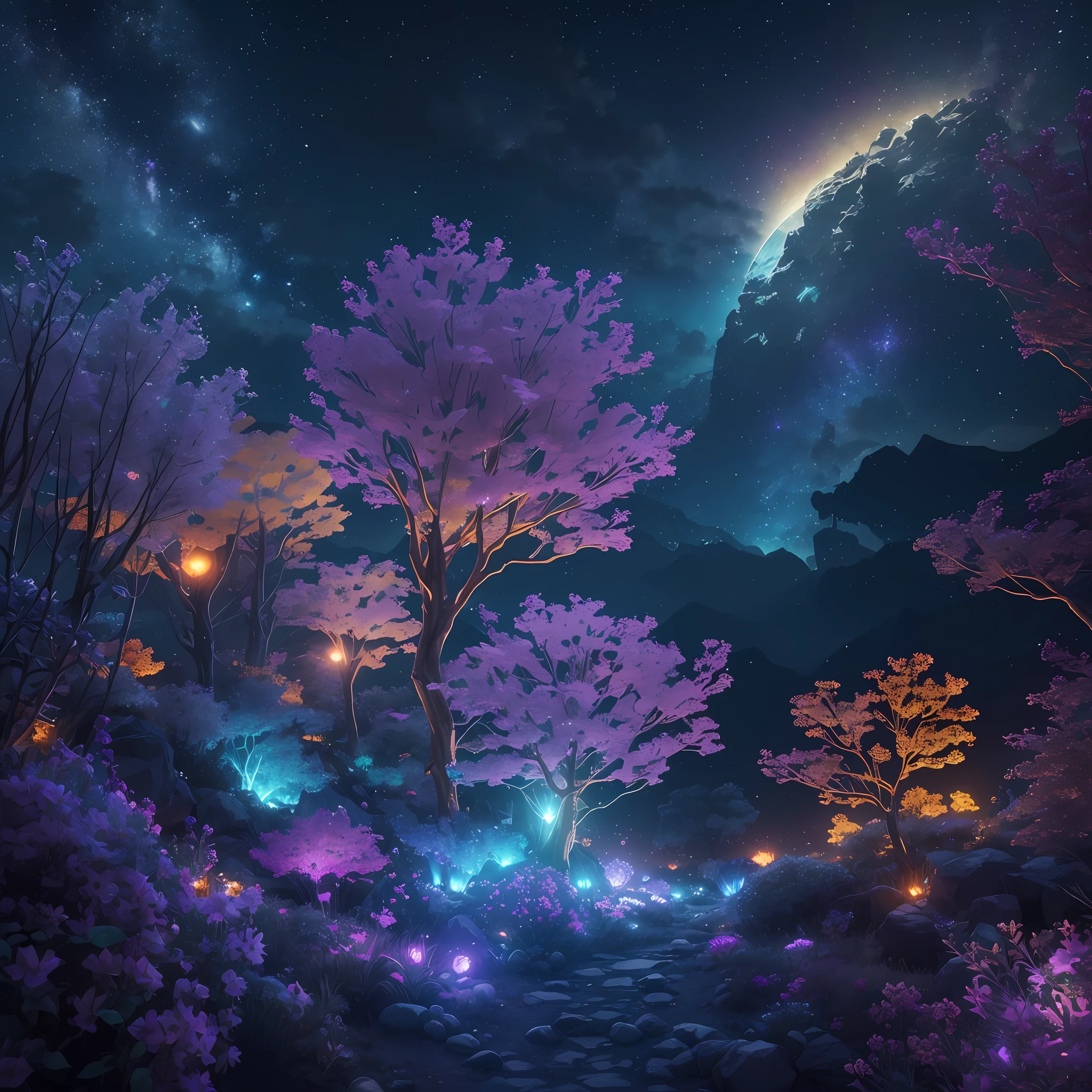 Sunrise landscape photos, (sky, plain, small plants), oddly shaped alien plants (best quality), 4k, ultra-detailed, (meteors: 0.9), (nebulae: 1.3), steep distant mountains, (high quality), Hideous trees (warm source: 1.2), (firefly: 1.2), lamps, lots of purple and orange and blue, intricate detail, volumetric lighting, (best quality), 4k, ultra-detailed, (dynamic composition: 1.4), very detailed, colorful details, (iridescent color: 1.2), (luminous lighting, atmospheric lighting), dreamy, magical, mysterious (solo: 1.2) --auto --s2
