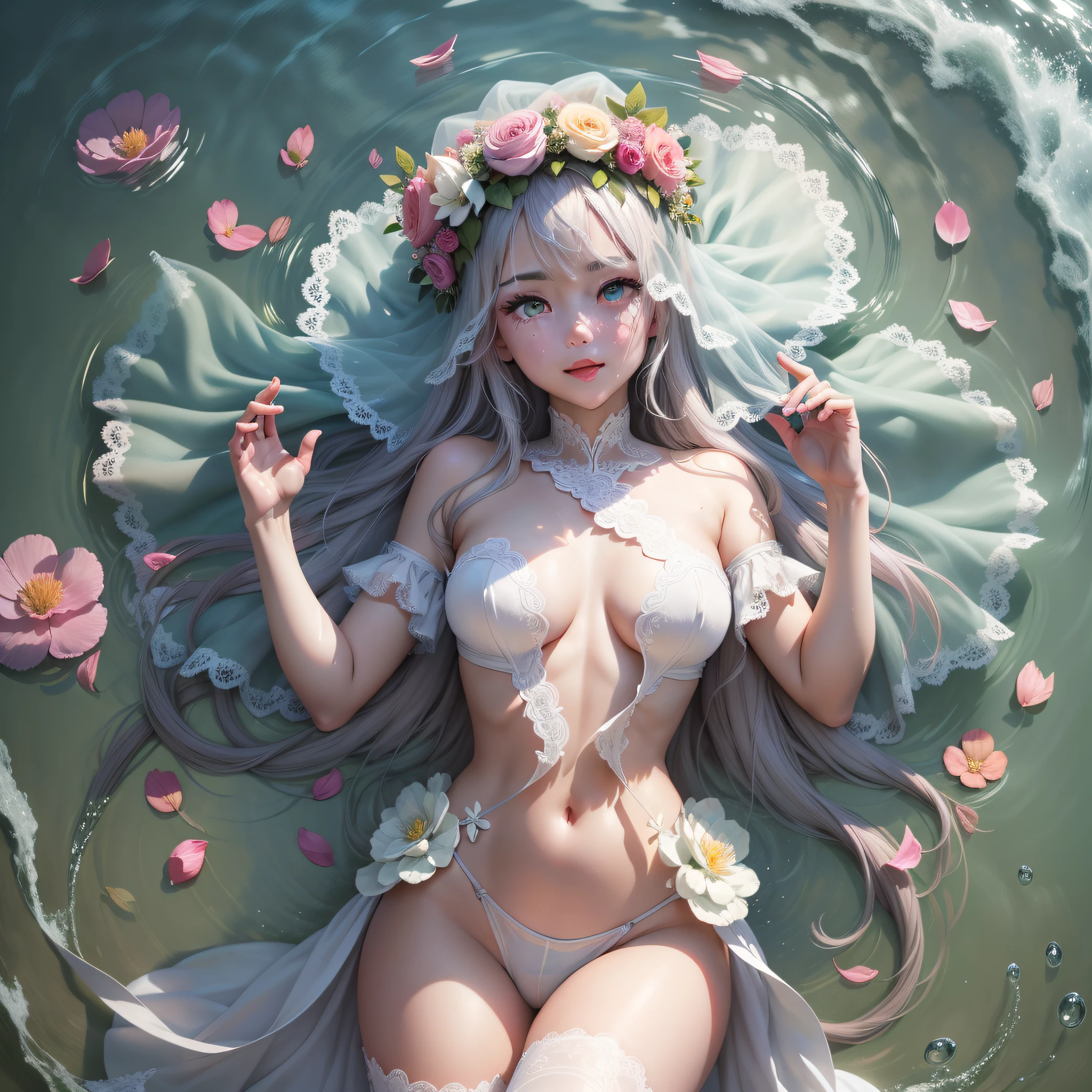 wince, longeyelashes, solid circle eyes, light smile, ear blush, Lying in the water, open the palm to face the camera, lace tight clothes, revealing the navel, bar code, sexy, hair scattered in the water, petals falling in the air, wedding dress, White long hair, veil, transparent eye mask, full body, Tongue sticking out, panting, head wreath, gradient eyes, aqua eyes, gradient eyes, glowing eyes, full blush, heart in eye, Surrealism, drop shadow, anaglyph, stereogram, tachi-e, pov, atmospheric perspective, Verism, from above, overexposure, 8k, super detail, ccurate, best quality, best quality, UHD, anatomically correct, ccurate, masterpiece, high details