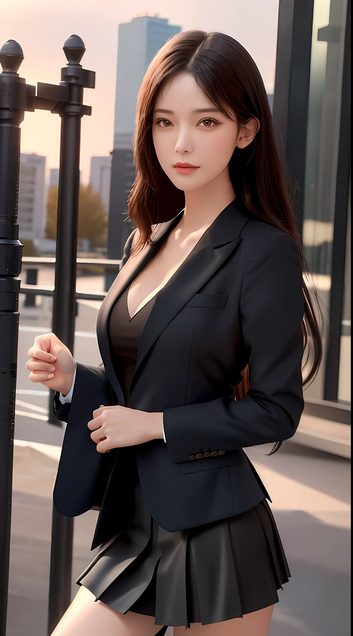 best quality, masterpiece, 1 girl, beautiful face, (photo photo:1.3), edge lighting, (high detail skin:1.2), 8k ultra hd, dslr camera, high quality, high resolution, 4k, 8k, bokeh, ridiculous, best ratio four fingers and one thumb, (realistic:1.4), cute 1girl, wearing black formal blazer, medium breasts, short skirt,