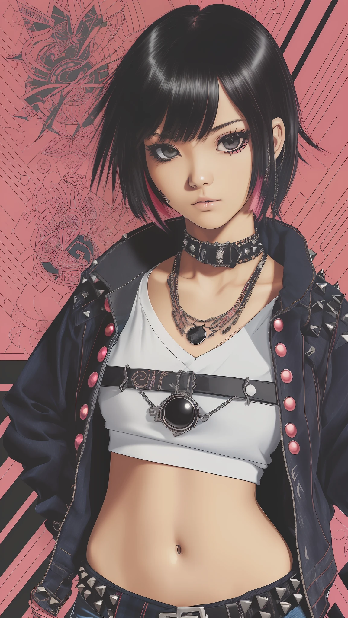 ((((best quality))), (((ultra detailed))), (((masterpiece))),  illustration, ((perfectly clean face)), perfect eyes, good eyes, good face, (Magazine cover-style illustration of a Japanese punk girl, fashionable, kvisual, vkei style, (Japanese street punk) in a vibrant outfit, posing in front of a colorful and dynamic (((Japanese street background))), She has a confident expression, ((outside)), The text on the cover should be bold and attention-grabbing, with the title of the magazine and a catchy headline. The overall style should be modern and trendy, with a focus on fashion and lifestyle), wall paper, crowds, fashion, ray tracing, depth of field, street, ((in public)), day, looking at viewer, glossy skin, contrapposto, navel, midriff, necklace, female focus, model, medium chest, in public, handmade, emo punk, arms crossed, cool, oversized black sweatshirt with open belly, (red and black) plaid skinny jeans, ((studded belts)), (norisejeans:1.3), ((tight jeans)), multicolored hair (black hair with pink bangs and libs), [bob cut], (short hair), (long oblique side bang:1.3), (((bangs cover one eye))), ((messy hair)), emo hair, (2000s style), floating hair --auto --s2