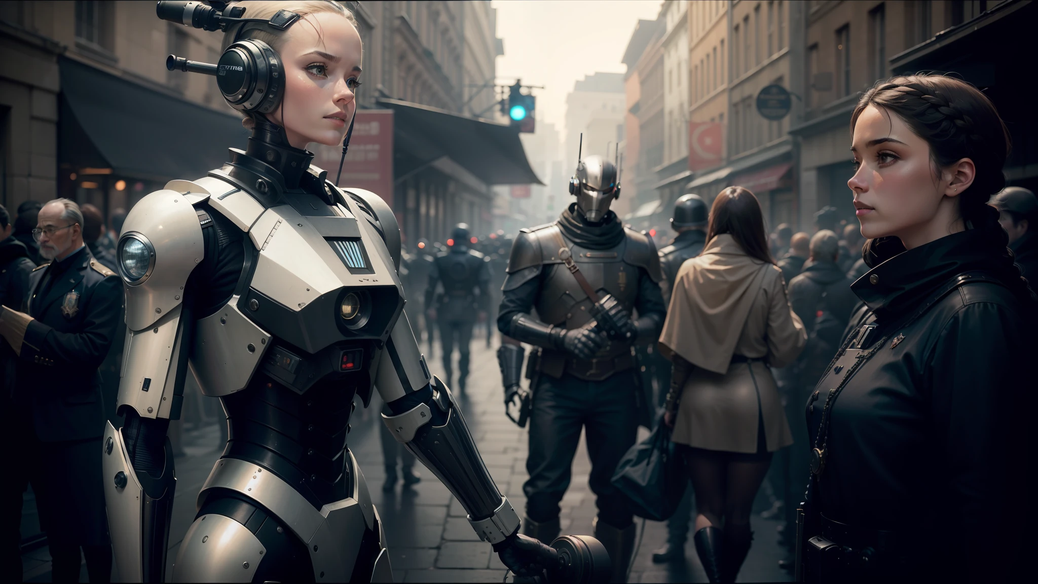 robots are standing in a crowded street with people standing around, elegant cinematic fantasy art, hoyte van hoytema, royal insignia in background, shot on anamorphic lenses, wearing techwear and armor, a black dieselpunk policewoman, by Jacob Koninck, eurostar, desaturated and muted colors, by Junpei Satoh, ultron, grainy 1985 cinematography --auto --s2