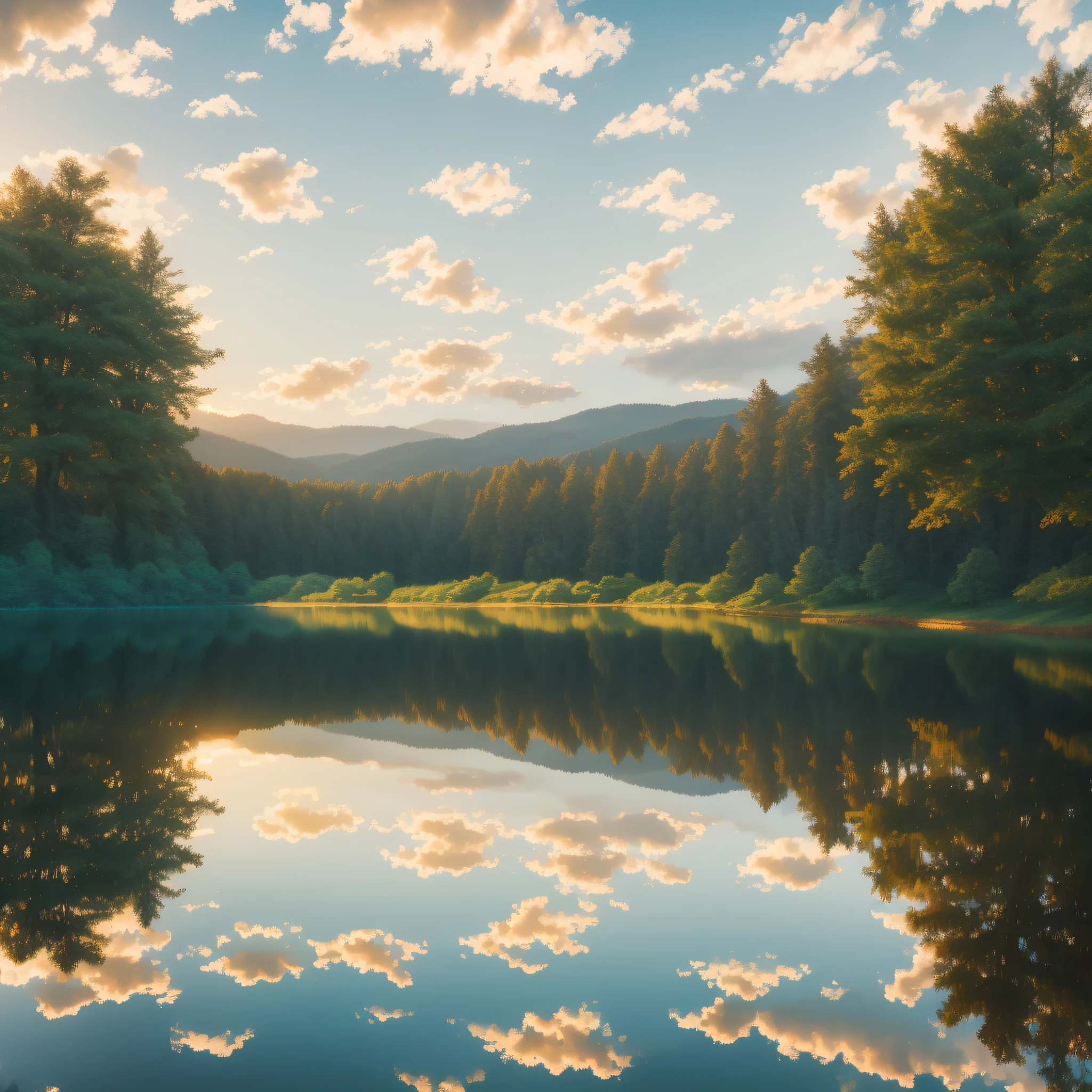 wallpaper, summer, lake, dawn, forest, detailed forest, clouds, masterpiece, cinematic, soft light, depth of field, ray tracing, reflection in water, realism, ulra detailed,