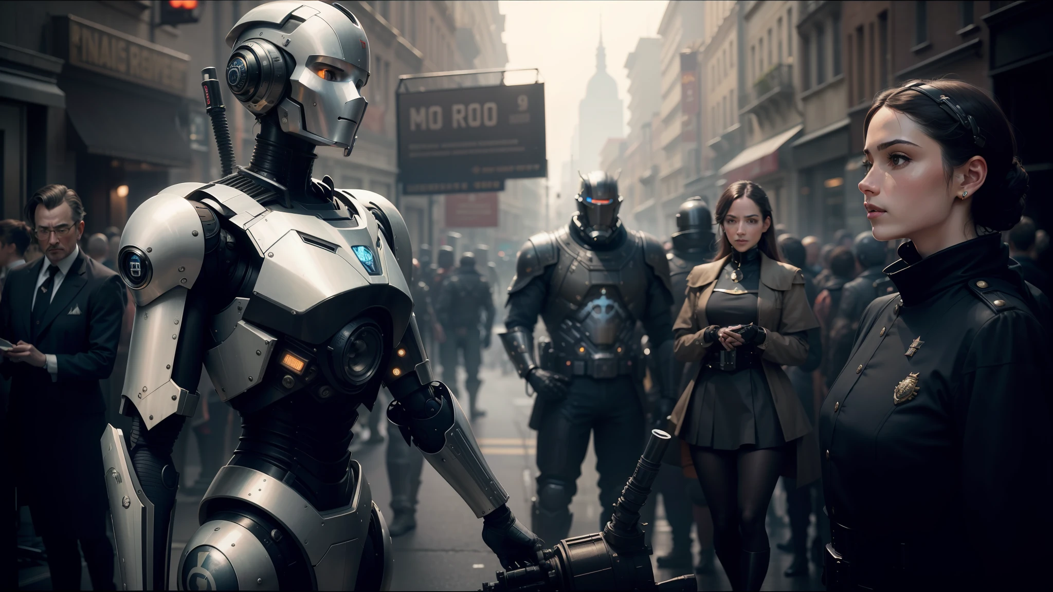 robots are standing in a crowded street with people standing around, elegant cinematic fantasy art, hoyte van hoytema, royal insignia in background, shot on anamorphic lenses, wearing techwear and armor, a black dieselpunk policewoman, by Jacob Koninck, eurostar, desaturated and muted colors, by Junpei Satoh, ultron, grainy 1985 cinematography --auto --s2