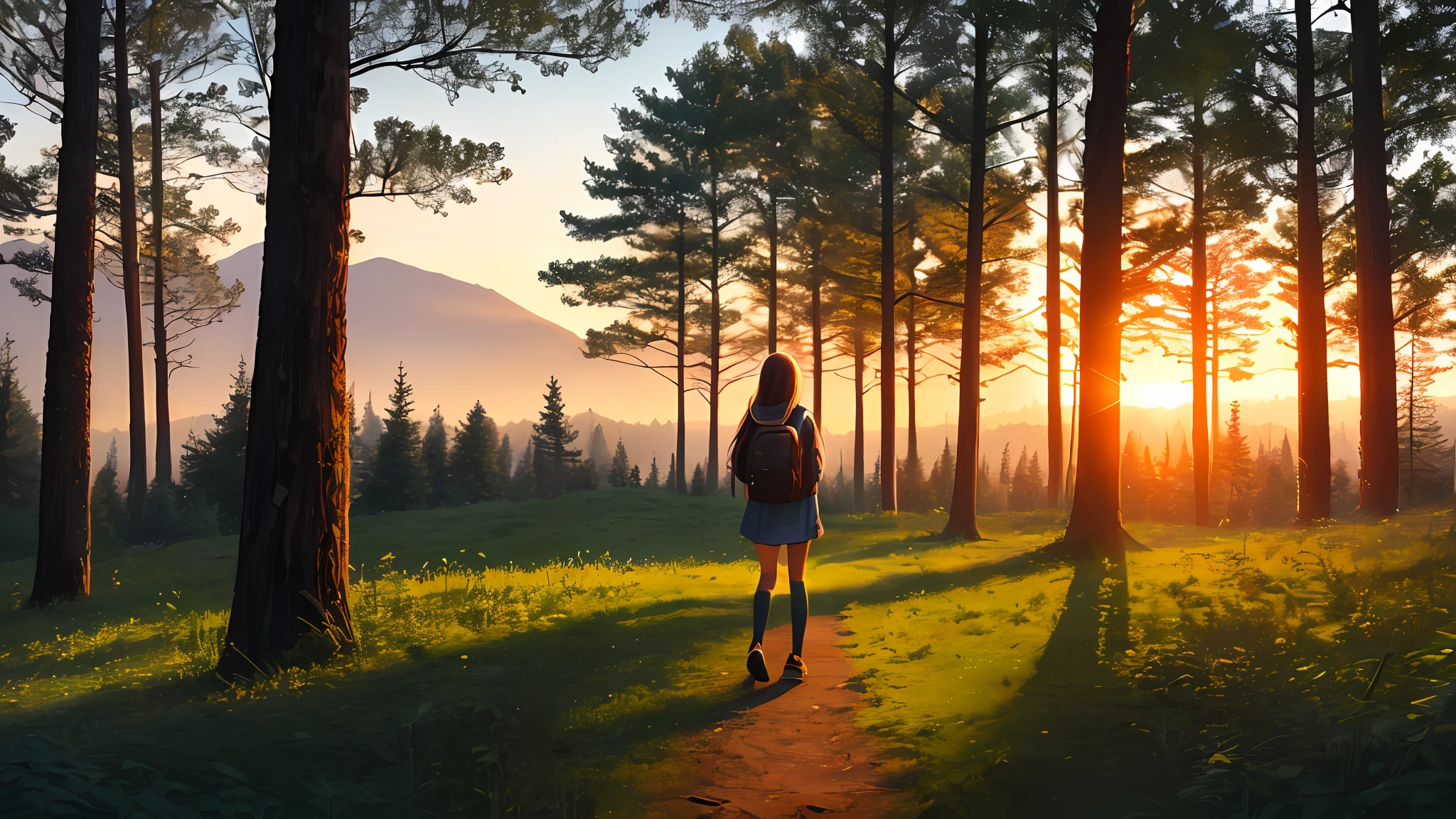 ((masterpiece,best quality,ultra detailed,ultra high res,detailed background)),sunrise,forest,impressive,chill,inspirational,1girl,facing away