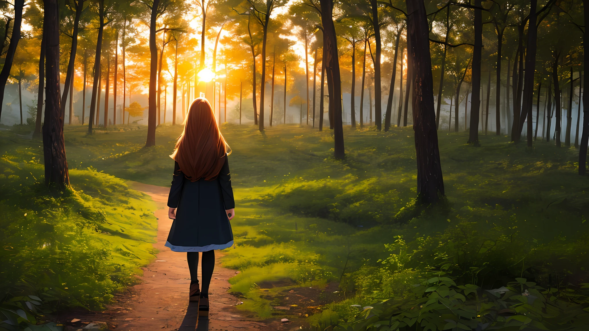 ((masterpiece,best quality,ultra detailed,ultra high res,detailed background)),sunrise,forest,impressive,chill,inspirational,1girl,facing away