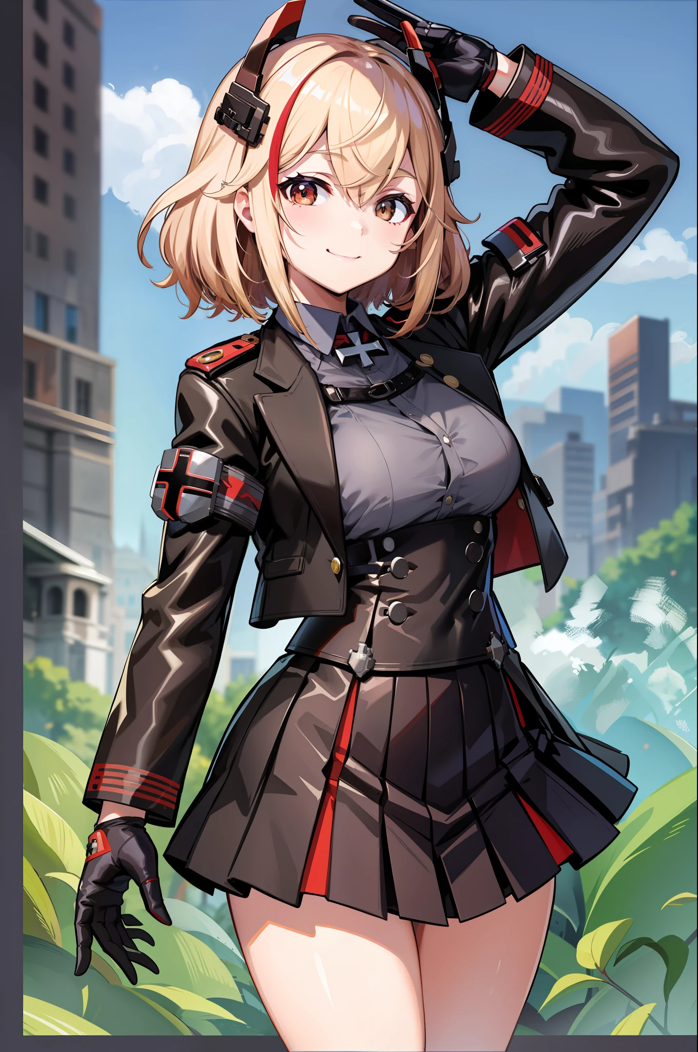 masterpiece, best quality, RoonV4, 1girl, solo, looking at viewer, smile, shirt, jacket, upper body, collared shirt, brown eyes, black jacket, buttons, headgear, cross, black gloves, grey shirt, iron cross, skirt, gloves, long sleeves, jacket, sidelocks, pleated skirt, collared shirt, miniskirt, black skirt, buttons, armband, cropped jacket, outdoors, ((waving)),