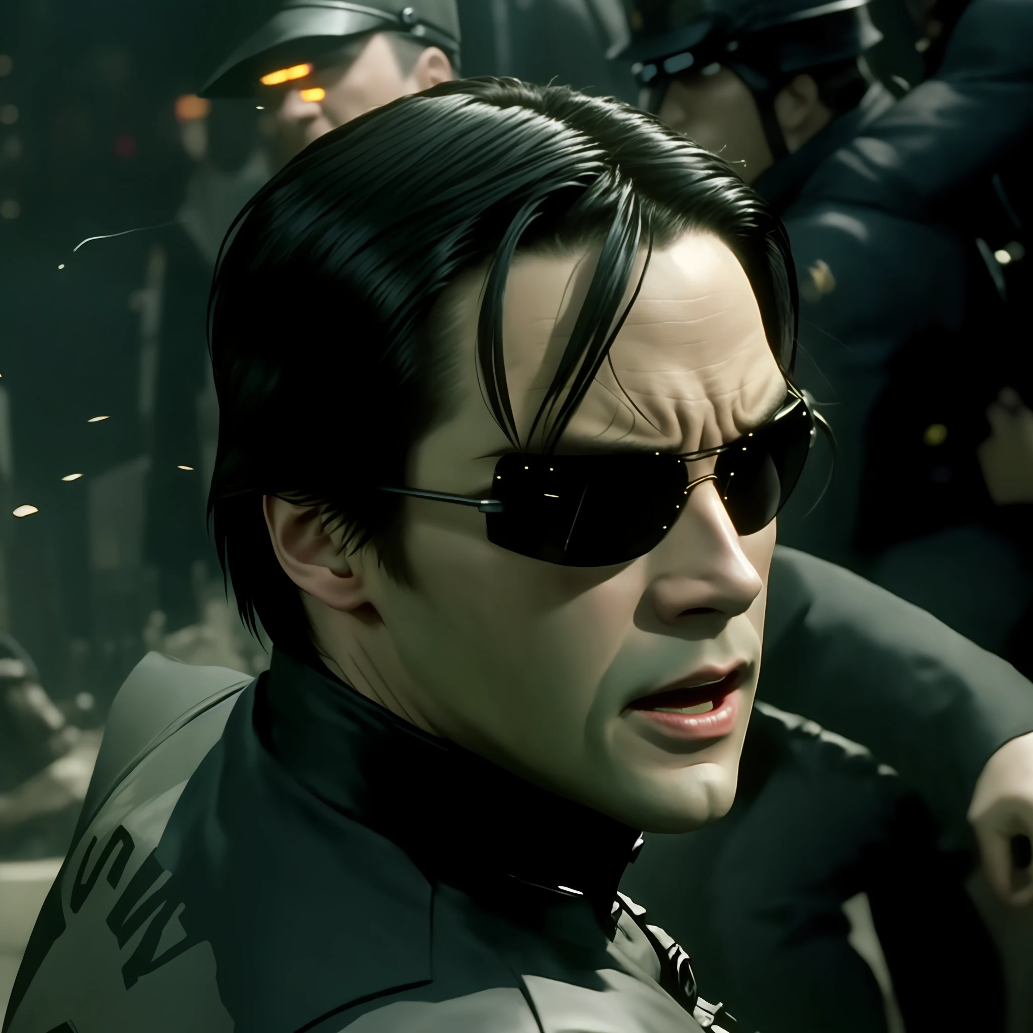 (((Keanu Reeves face como neo de The Matrix 1999))) face ,((melhor qualidade)), ((obra-prima)), (detalhada) fan art de (neo from the matix) face, ((neo de matrix face)), keanu reaves, the matrix (1999), óculos escuros, noite, 80mm, ((animação ocidental)), (neo the matrix (1999)), (cabelo curto), (Tokyo Street Nights), (((beardless))), (((Neo from The Matrix 1999))), (((young)))