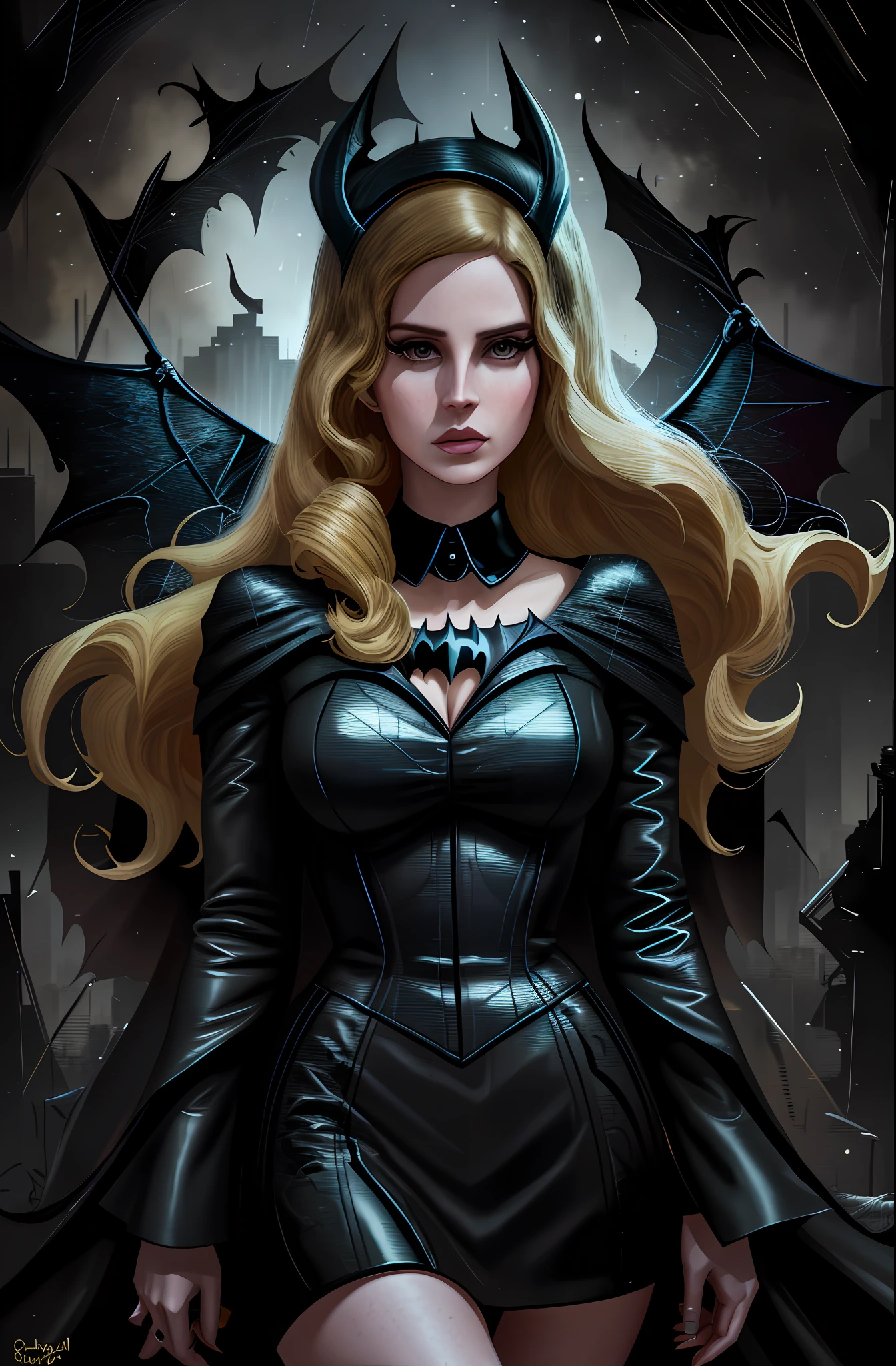 Lana del Rey, batgirl, gotham, gothic, city night, rain, detailed, very high quality image, 8k, perfect detailing