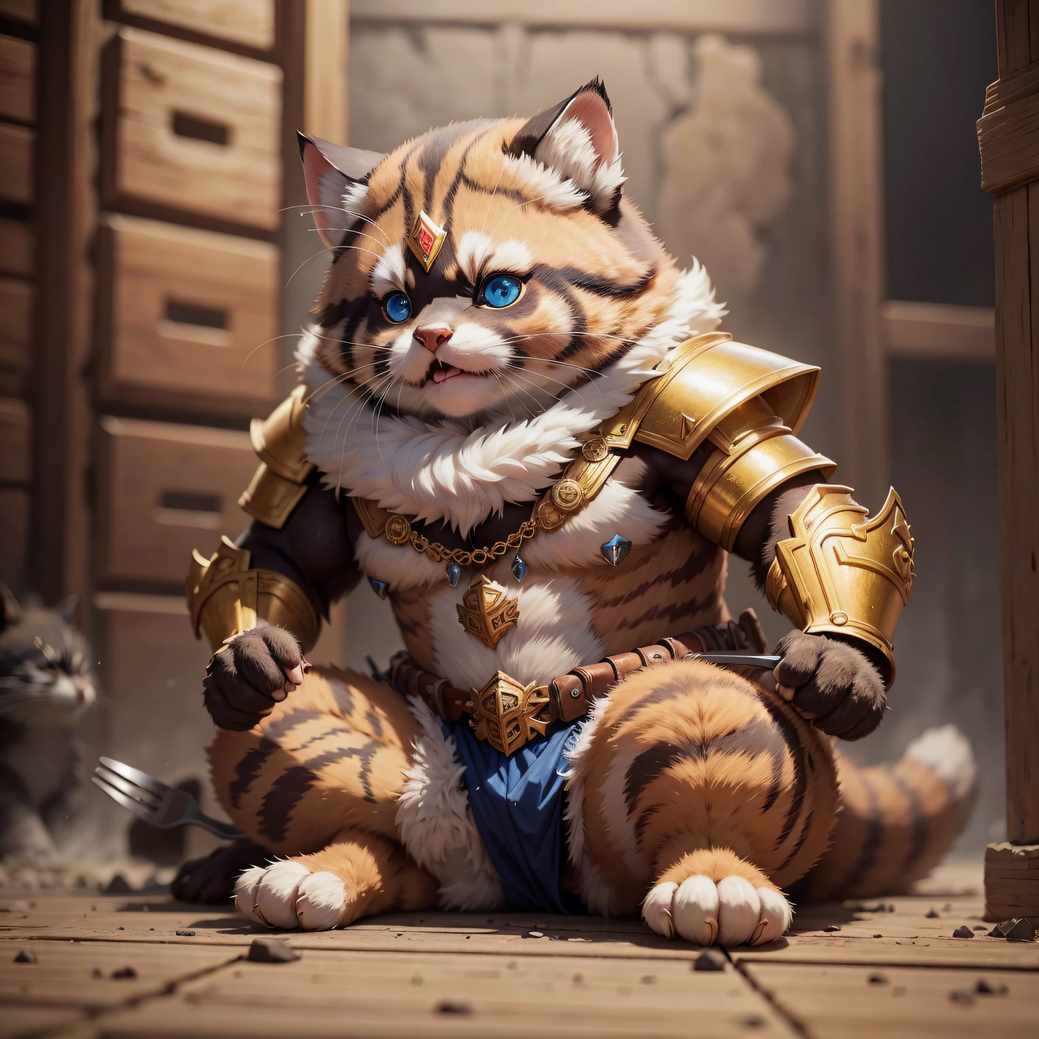 In front of the ruins of war, wearing gold armor, muscular blue-eyed pink-nosed tanuki cat tall and thin, sharp eyes holding the steel fork of the sea king --auto --s2