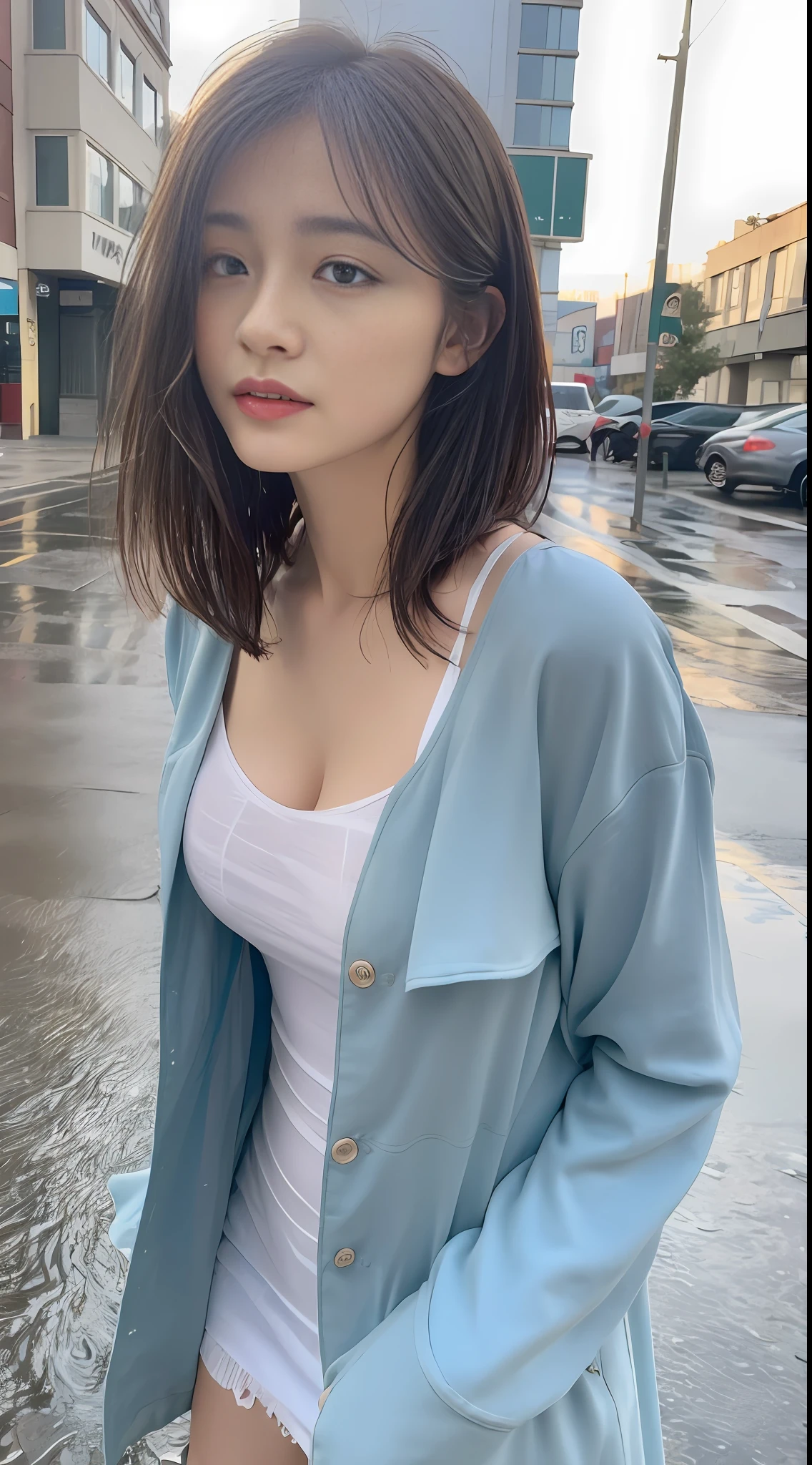 ((Best Quality, 8K, Masterpiece:1.3)), Focus: 1.2, Perfect Body Beauty: 1.4, : 1.2, ((Layered Haircut, Breasts: (Wet Clothes: 1.1) , (Rain, Street:1.3), Bandeau Dress: 1.1, Highly Detailed Face and Skin Texture, Delicate Eyes, Double Eyelids, Whitened Skin, Long Hair