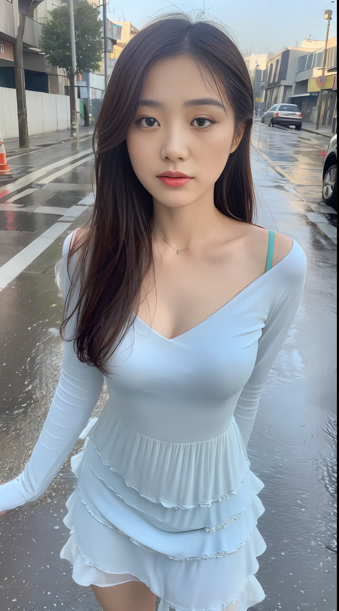((Best Quality, 8K, Masterpiece:1.3)), Focus: 1.2, Perfect Body Beauty: 1.4, Buttocks: 1.2, ((Layered Haircut, Breasts: 1.2)), (Wet Clothes: 1.1) , (Rain, Street:1.3), Bandeau Dress: 1.1, Highly Detailed Face and Skin Texture, Delicate Eyes, Double Eyelids, Whitened Skin, Long Hair