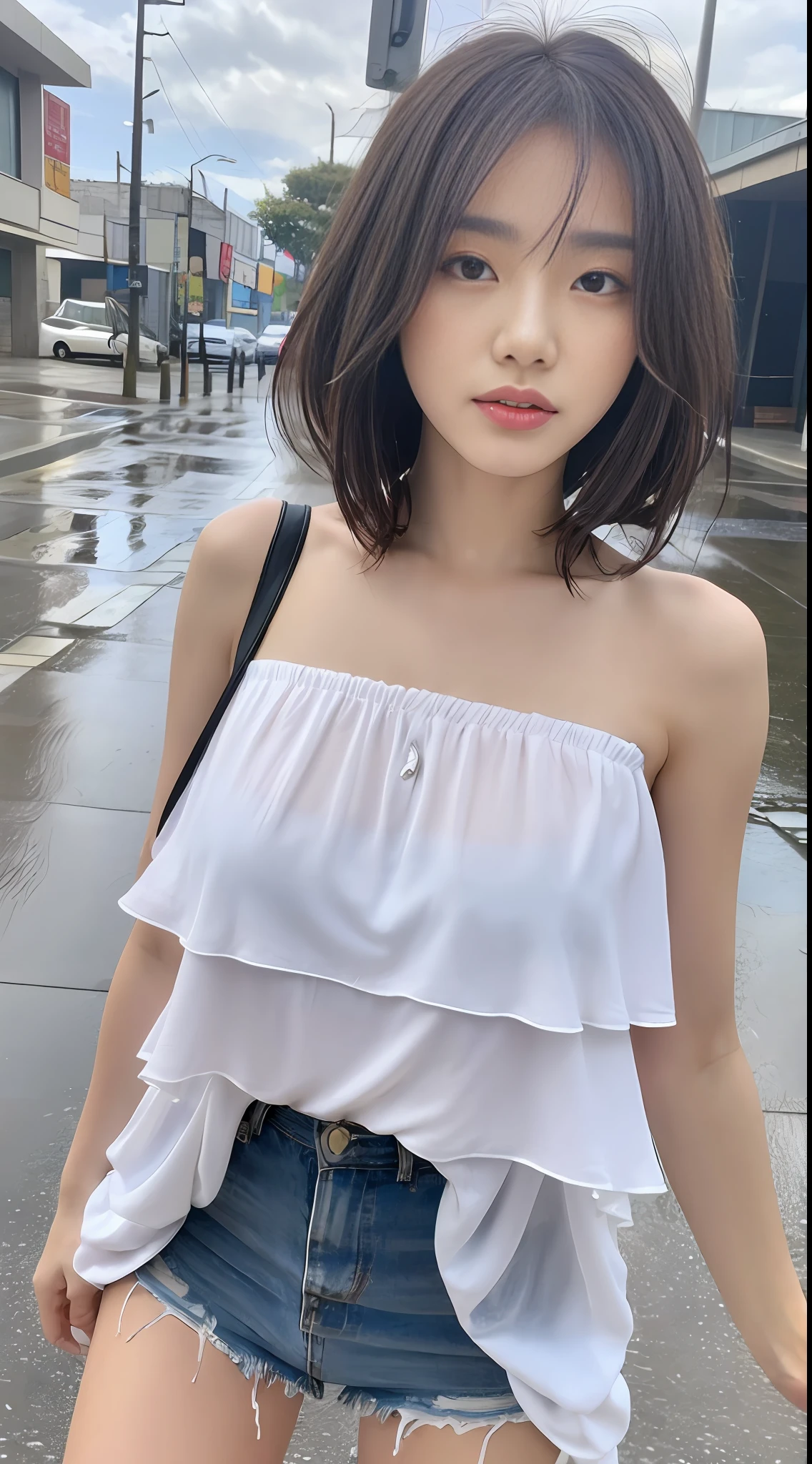 ((Best Quality, 8K, Masterpiece:1.3)), Focus: 1.2, Perfect Body Beauty: 1.4, Buttocks: 1.2, ((Layered Haircut, Breasts: 1.2)), (Wet Clothes: 1.1) , (Rain, Street:1.3), Bandeau Dress: 1.1, Highly Detailed Face and Skin Texture, Delicate Eyes, Double Eyelids, Whitened Skin, Long Hair