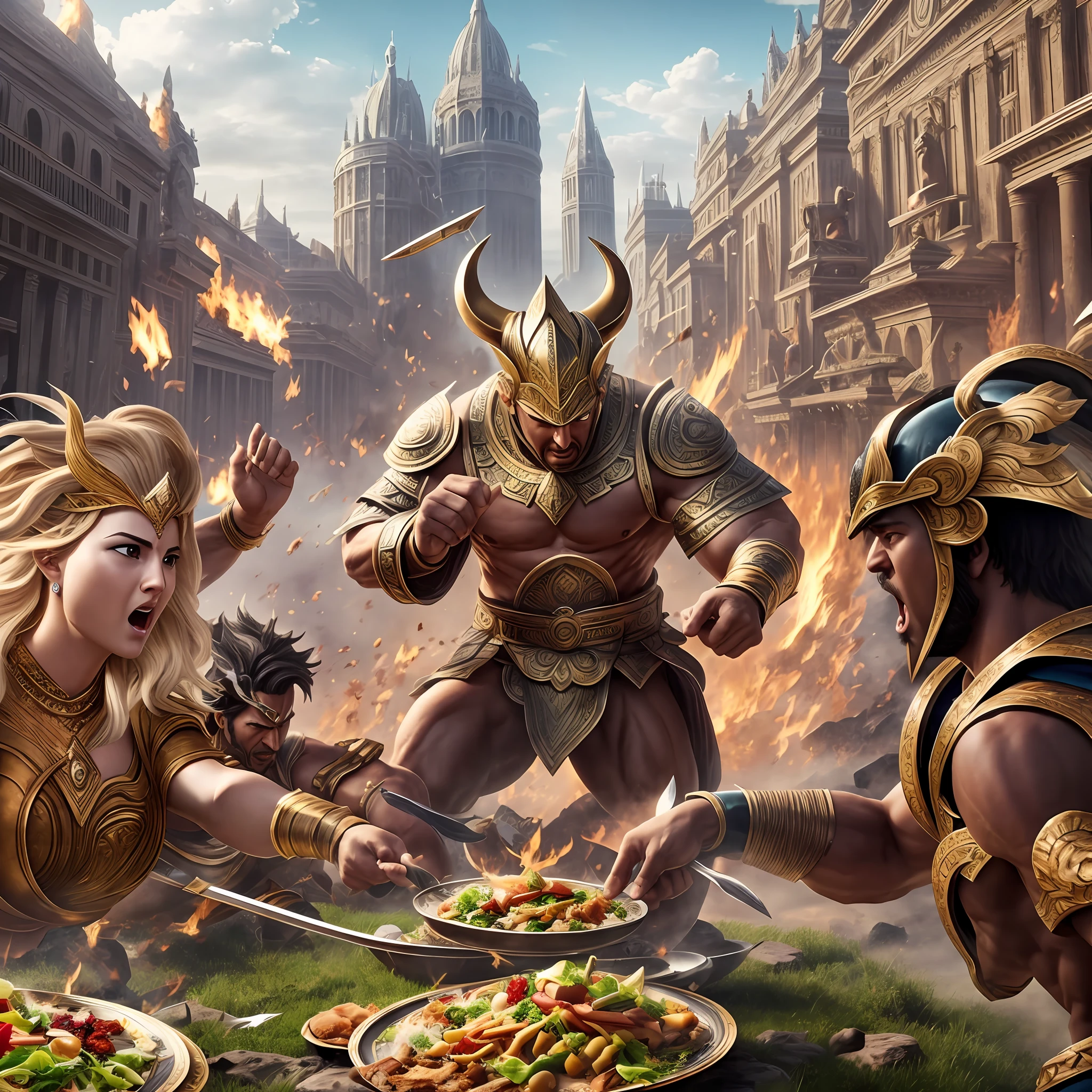 Powerful gods fighting bravely for a plate of delicious food (realistic) (4k) --auto --s2