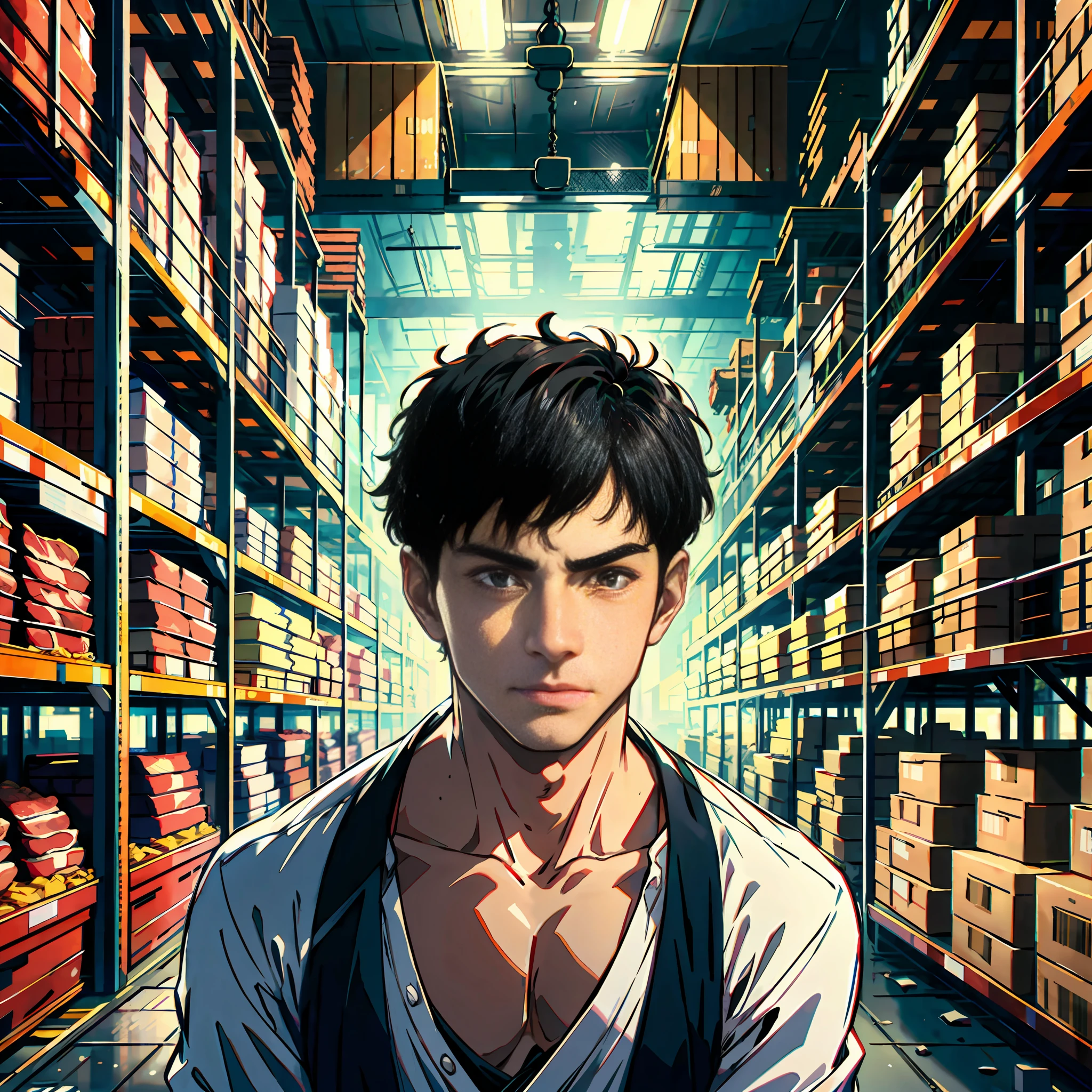 A handsome boy with short black hair, in a huge warehouse, piled with meat, highly real, UHD, chiaroscuro, super high detail