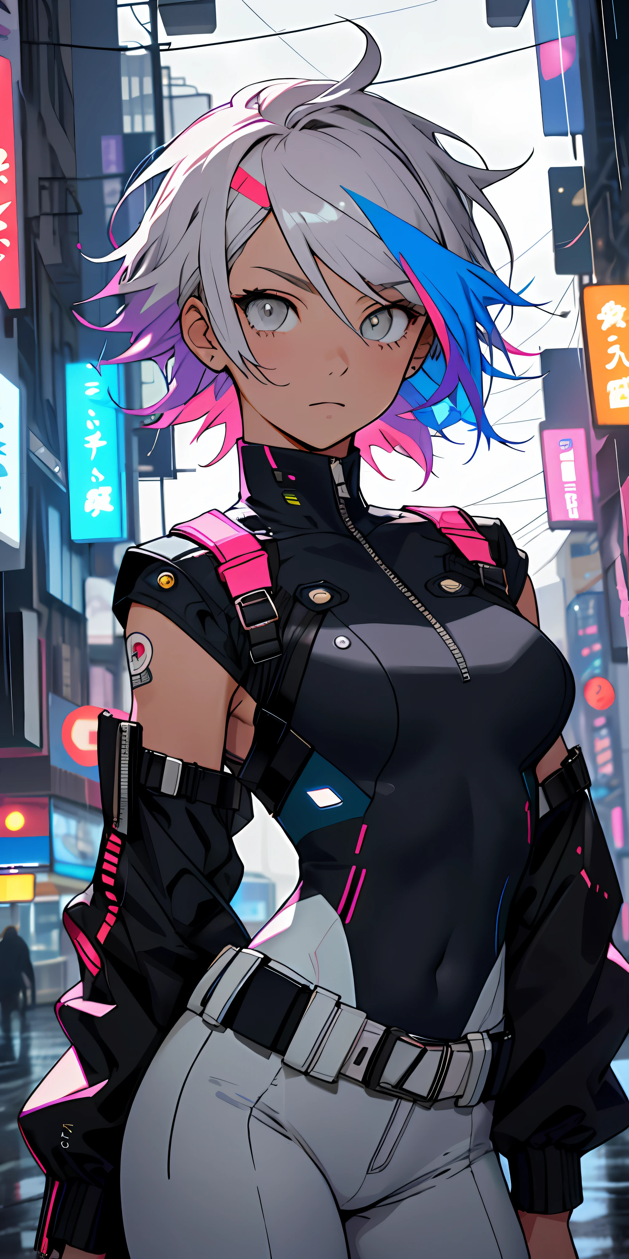 portrait, 1 girl, beautiful face, asymmetrical hair, multi-colored hair, belt, bodysuit, covered mouth, covered navel, detached sleeves, grey eyes, hip vent, open jacket, cute, look at viewer, night city, neon, rainy,