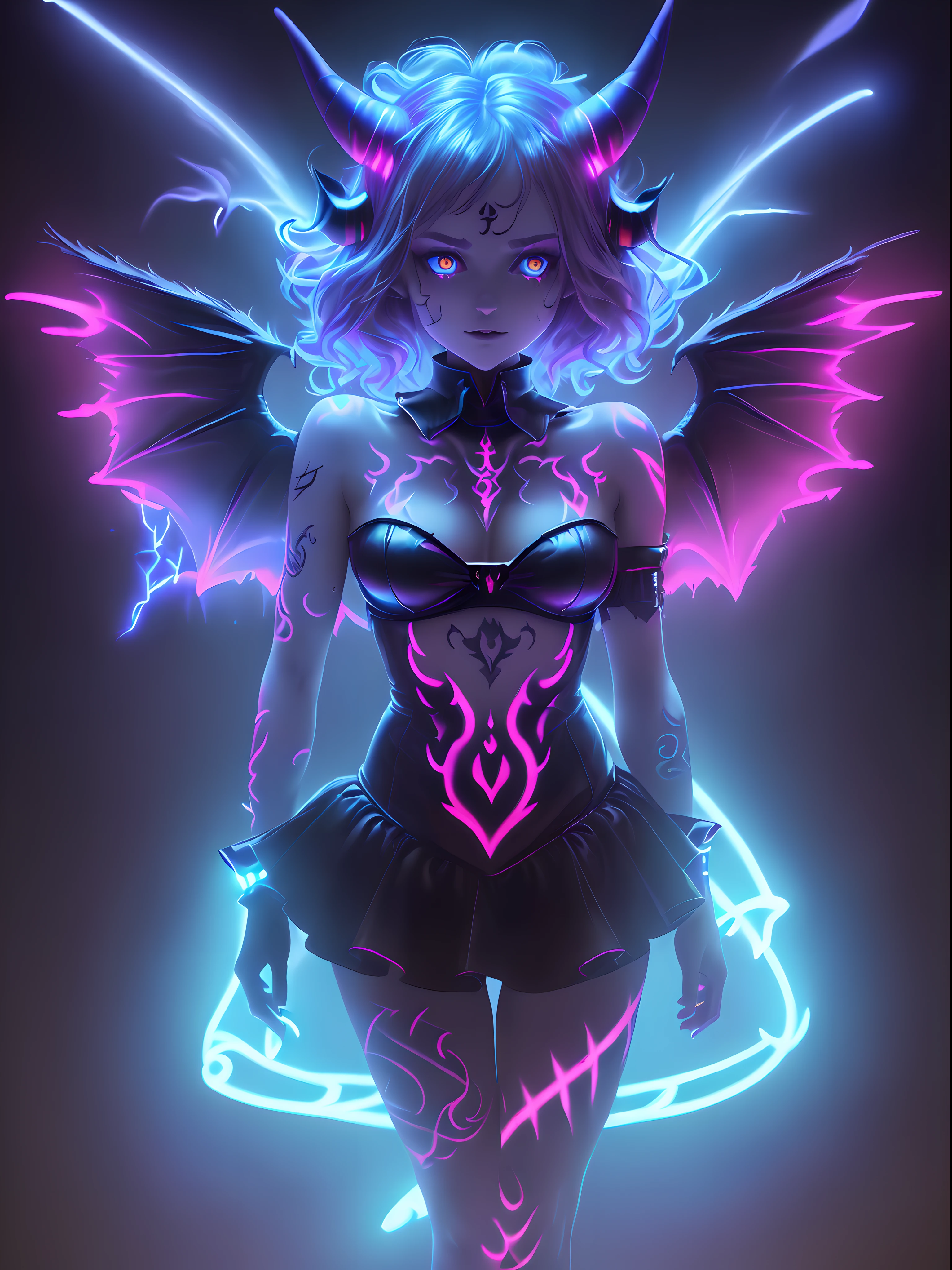 (Best Quality, UHD, 8K, Masterpiece:1.5), devil girl, wings, holding a whip, neon, ((glowing horn:1.3, glowing tattoo:1.3, glowing eyes:1.3)), ((hell background:1.3))