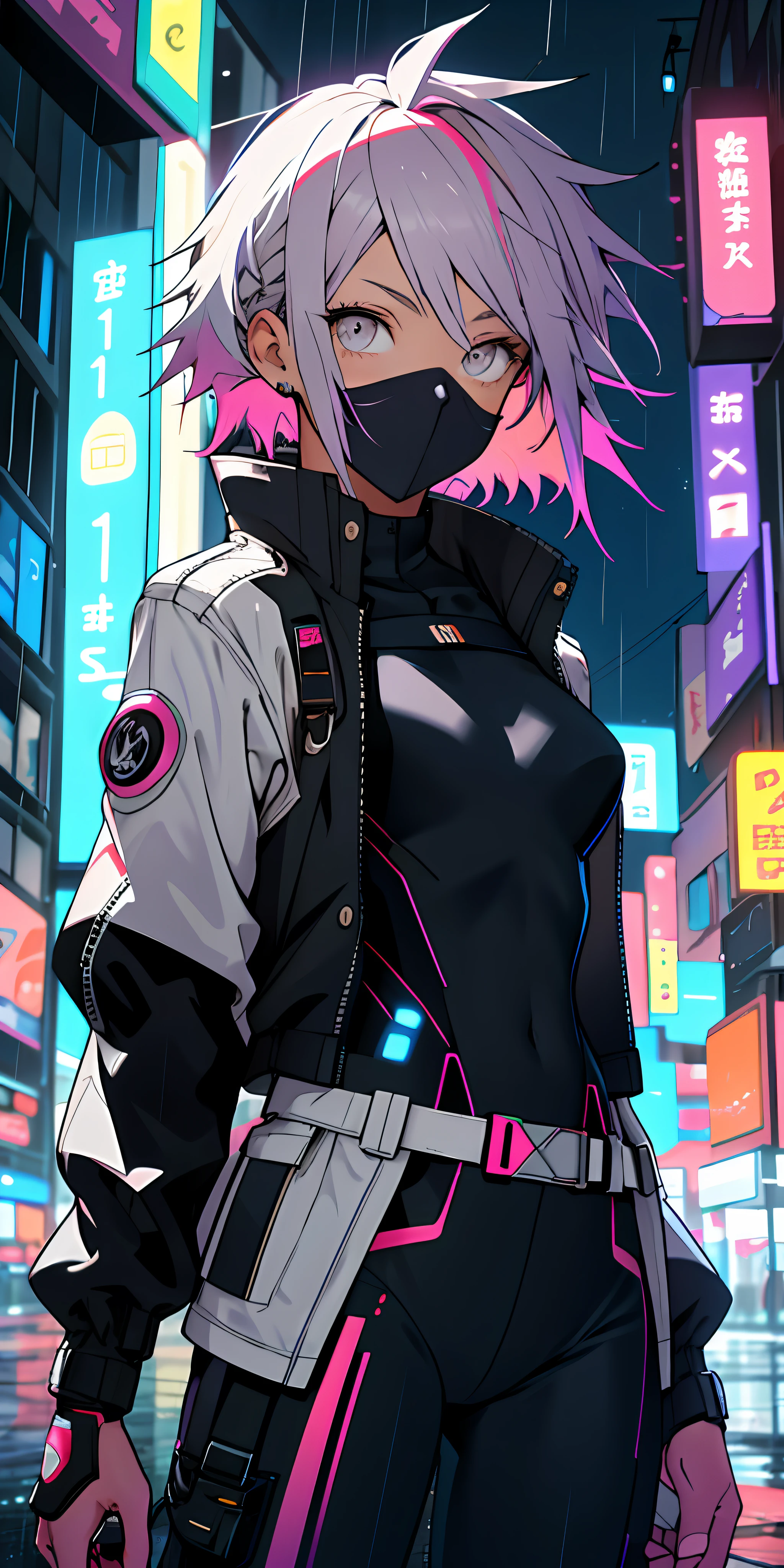 portrait, 1 girl, beautiful face, asymmetrical hair, multi-colored hair, belt, bodysuit, covered mouth, covered navel, detached sleeves, grey eyes, hip vent, open jacket, cute, look at viewer, night city, neon, rainy,