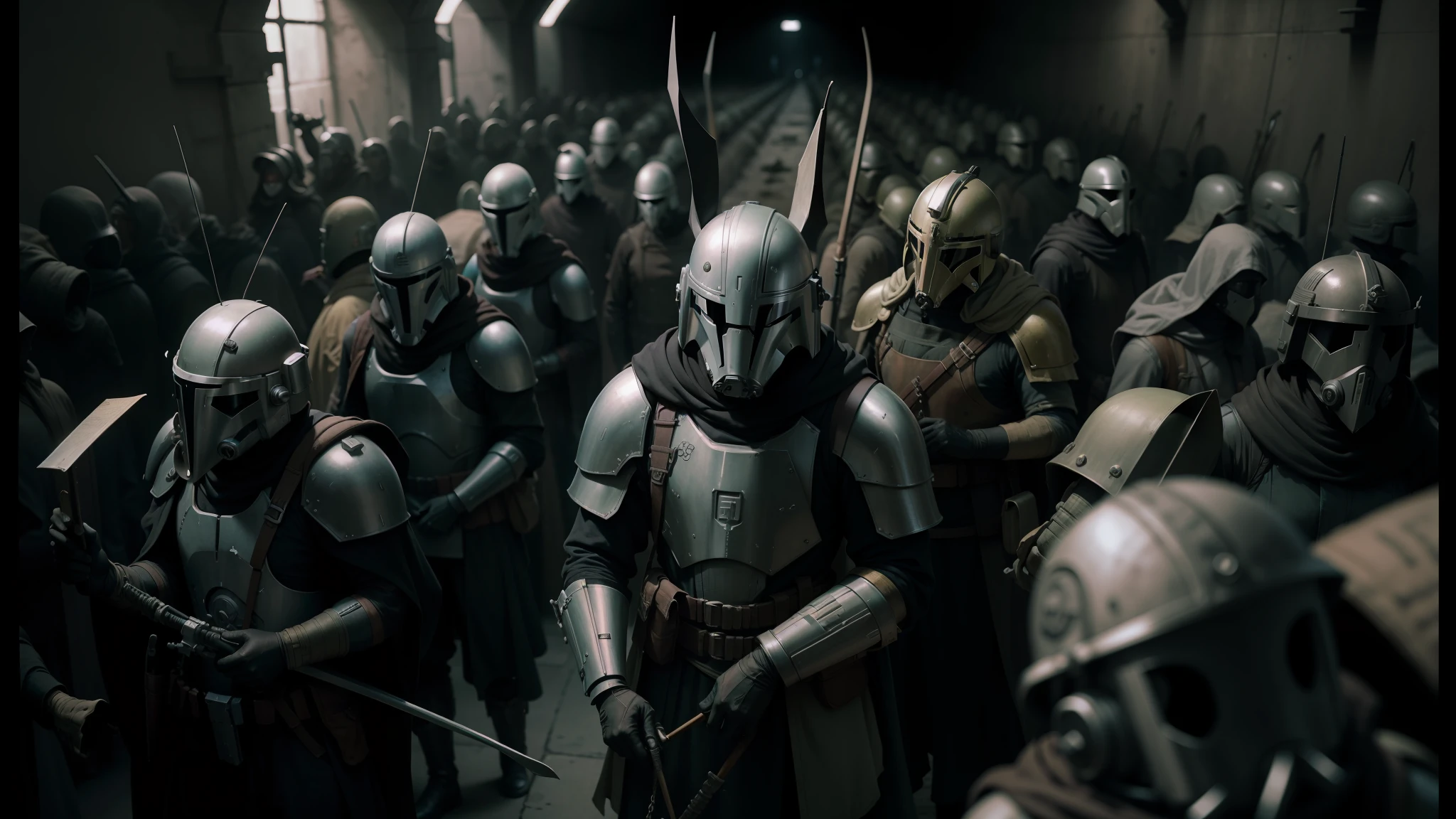 there are many people in gas masks and helmets in a tunnel, from the mandalorian (2019), brandishing naginata haldberds, mousefolk, <3d eco brutalist, ancient kings in white robes, a dystopian future, machinarium, by Kamāl ud-Dīn Behzād --auto --s2