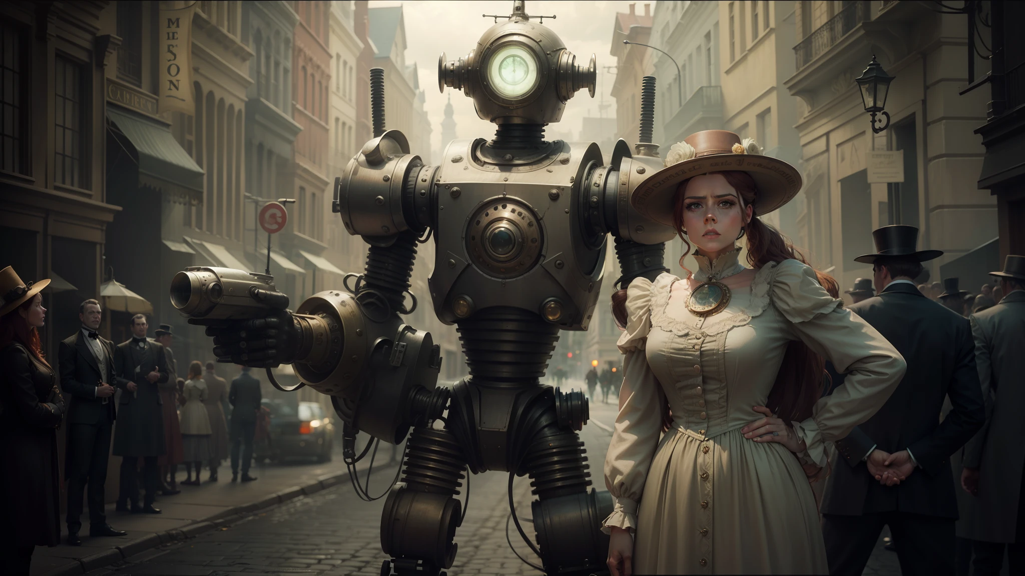 there is a woman standing next to a robot in a street, victorian steampunk mega city, looks a bit similar to amy adams, characters from machinarium, graded with davinci resolve, the jewelpunk aesthetic, half - electric striking woman, medium shot of two characters, by Edwin Dickinson, as a titan, humanization, screengrab, old timey --auto --s2